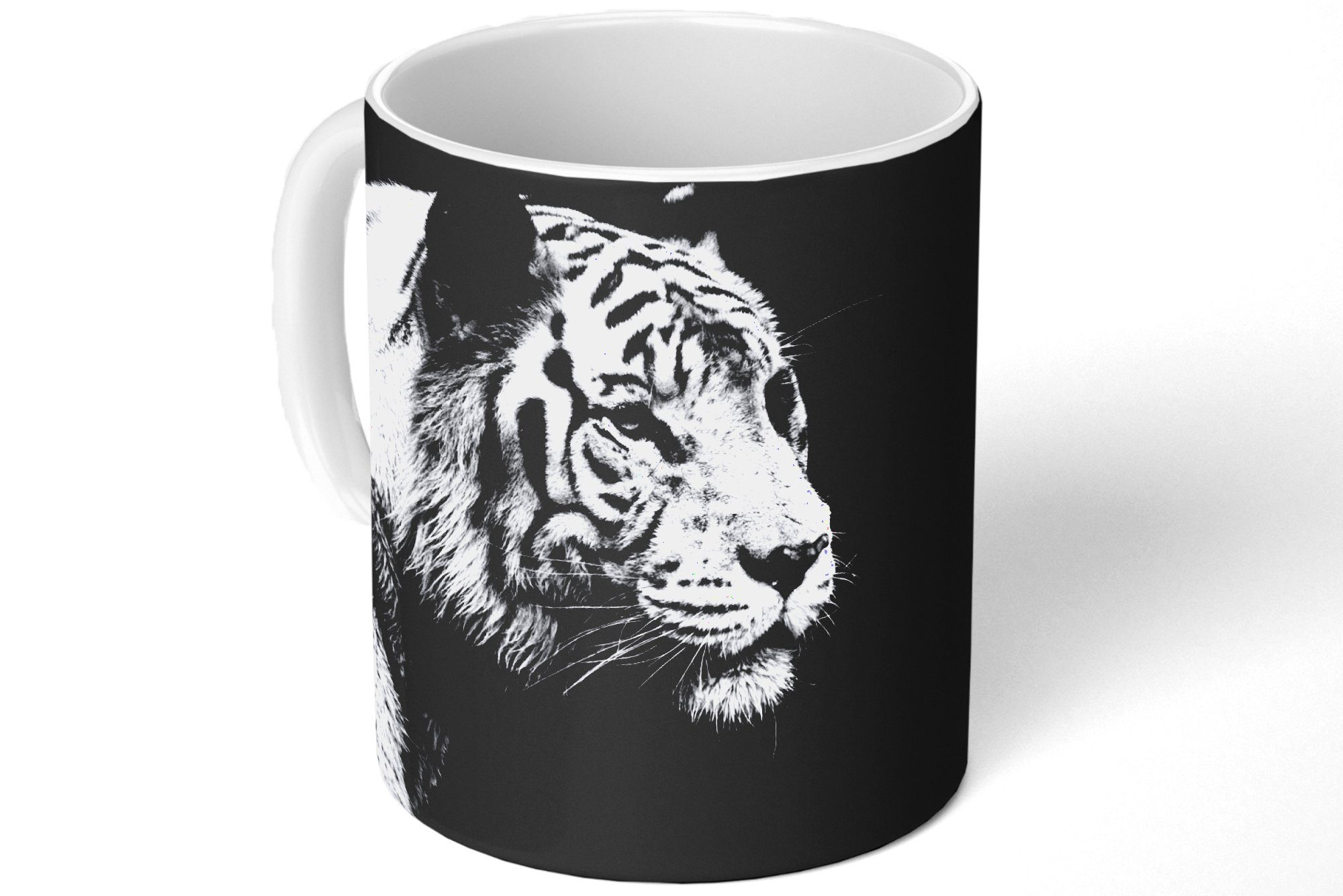 Teetasse, schwarzem Becher, weißen Geschenk auf eines Studioaufnahme Keramik, Kaffeetassen, Hintergrund, Teetasse, Tigers Tasse MuchoWow