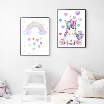 TPFLiving Kunstdruck (OHNE RAHMEN) Poster - Leinwand - Wandbild, Einhorn mit Wolken und Regenbogen für Kinderzimmer, (Mädchenzimmer, Babyzimmer, Jungenzimmer, Kindergarten), Farben: pink, rosa, grün, blau - Größe: 10x15cm