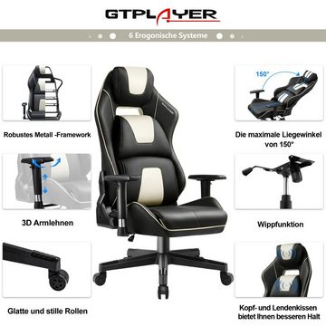 GTPLAYER Gaming-Stuhl Bürostuhl Schreibtischstuhl mit Kopf- und Lendenstütze, Verstellbare, bis 150kg belastbar, Kunstleder Hohe Rückenlehne Verstellbarer Drehsessel