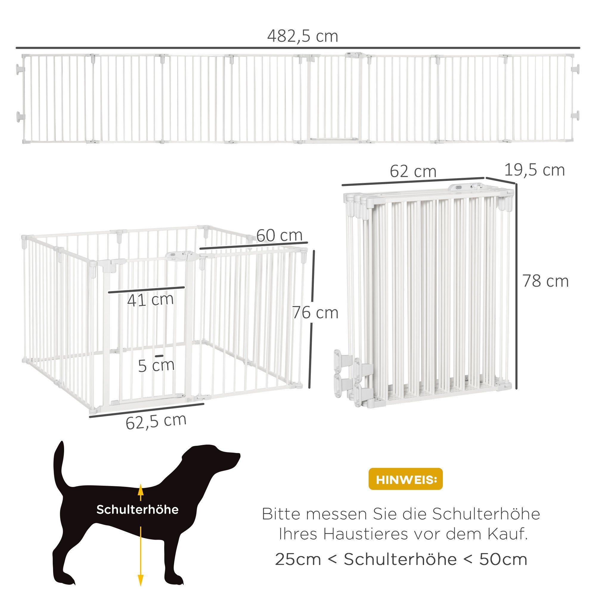 PawHut Freigehege Schutzgitter für Hund mit Tür, Weiß 482,5 x 2 x 76 cm