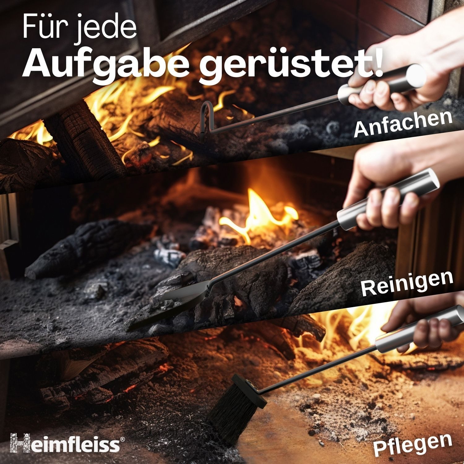 Heimfleiss® Kamingarnitur Modernes Kaminbesteck aus Stahl & Holz – 3-teilig oder 4-teilig, Elegantes Kaminzubehör mit Schaufel, Besen & Schürhaken, Stilvoll