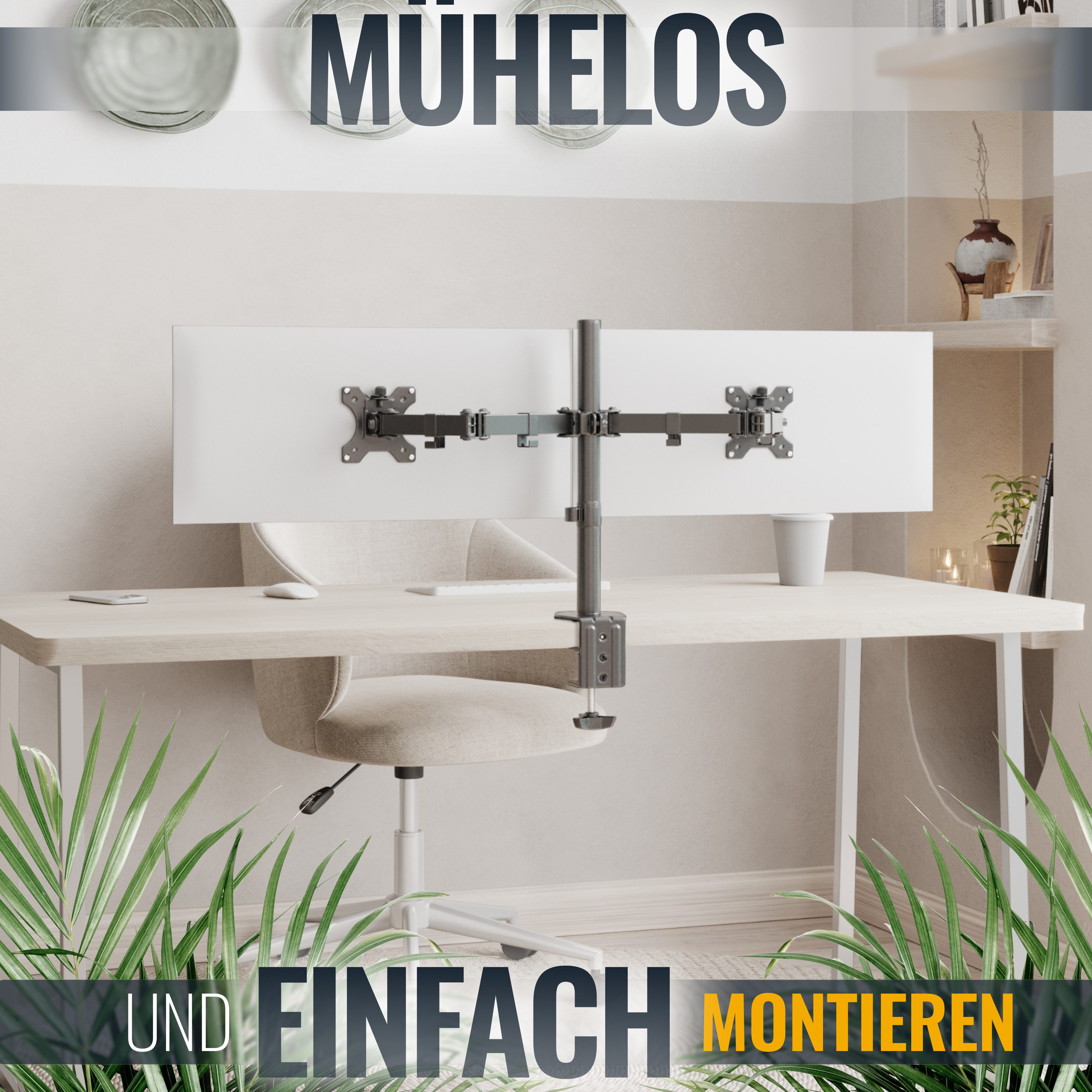 RICOO Monitor-Halterung Höhenverstellbare Monitor Tischhalterung neigbar schwenkbar TS6711, (bis 27 Zoll, VESA 75x75 und 100x100, 1-tlg., 2 x 8 kg Belastbarkeit, von 33-68 cm (13"-27) Bildschirm-Diagonale, Tischhalterung 2 Monitore schwenk- und neigbar, höhenverstellbar)