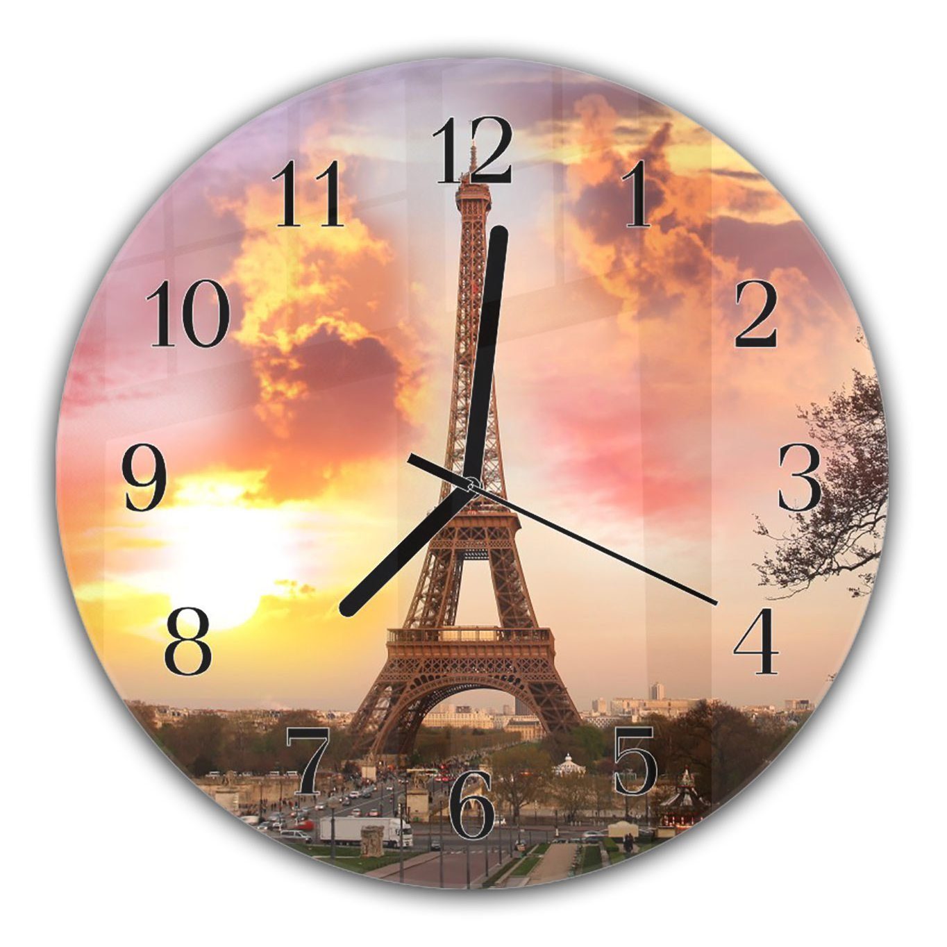 Paris Rund Quarzuhrwerk Glas Durchmesser aus cm und in Wanduhr Sonneuntergang mit Motiv mit Wanduhr Primedeco 30 -