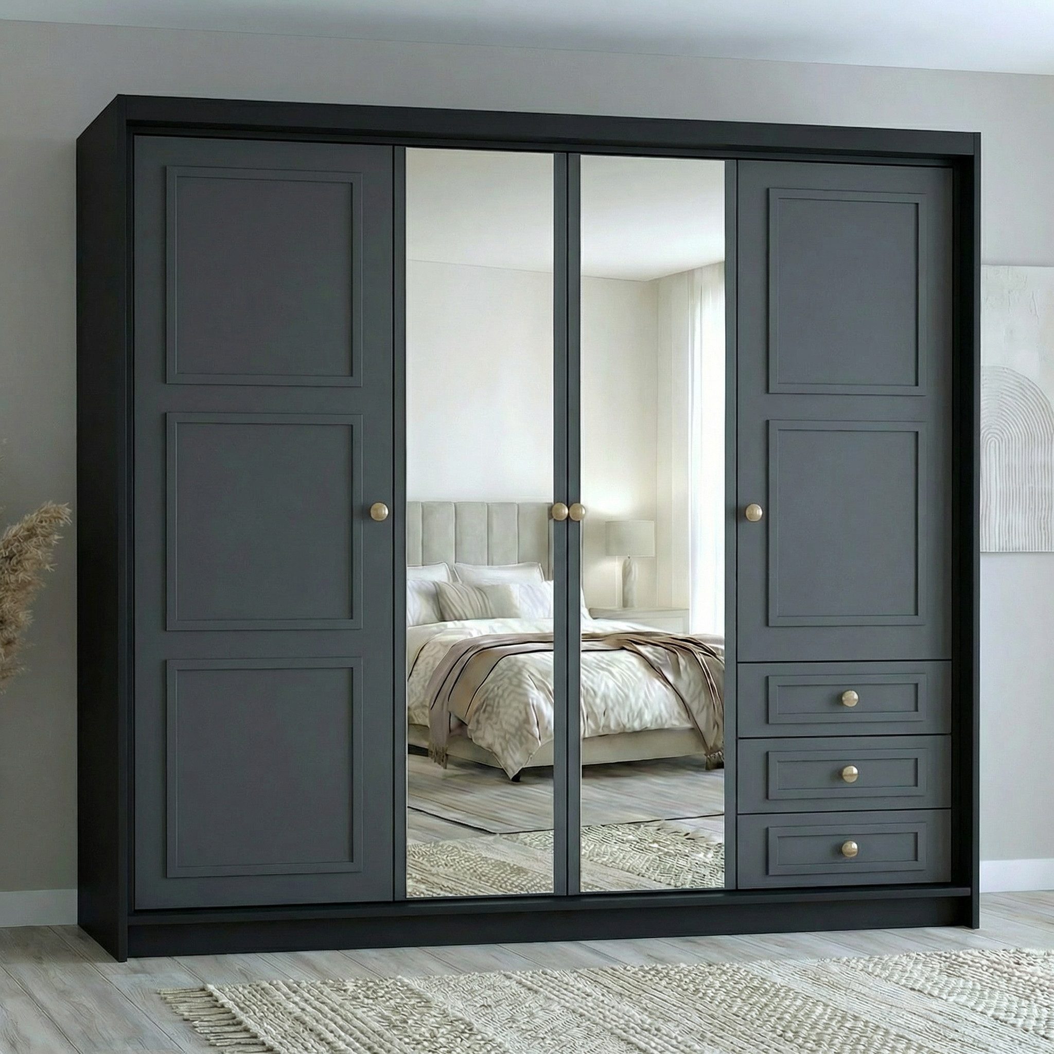 A&J MöbelLand GmbH Drehtürenschrank OSLO viertüriger Kleiderschrank mit Schubladen und Metallgriffen (Geräumiger viertüriger Kleiderschrank mit Schubladen und Metallgriffen. Geräumiger Schrank mit einer Breite von 200 cm und Schubladen, ideal zur Aufbewahrung von Kleidung und Accessoires. Viel Stauraum. TOP PRODUKT! Wählen Sie das ideale Modell für Ihr Schlafzimmer!, TOP ANGEBOT) Breite: 200 cm, Höhe: 215 cm, Tiefe: 59,5 cm