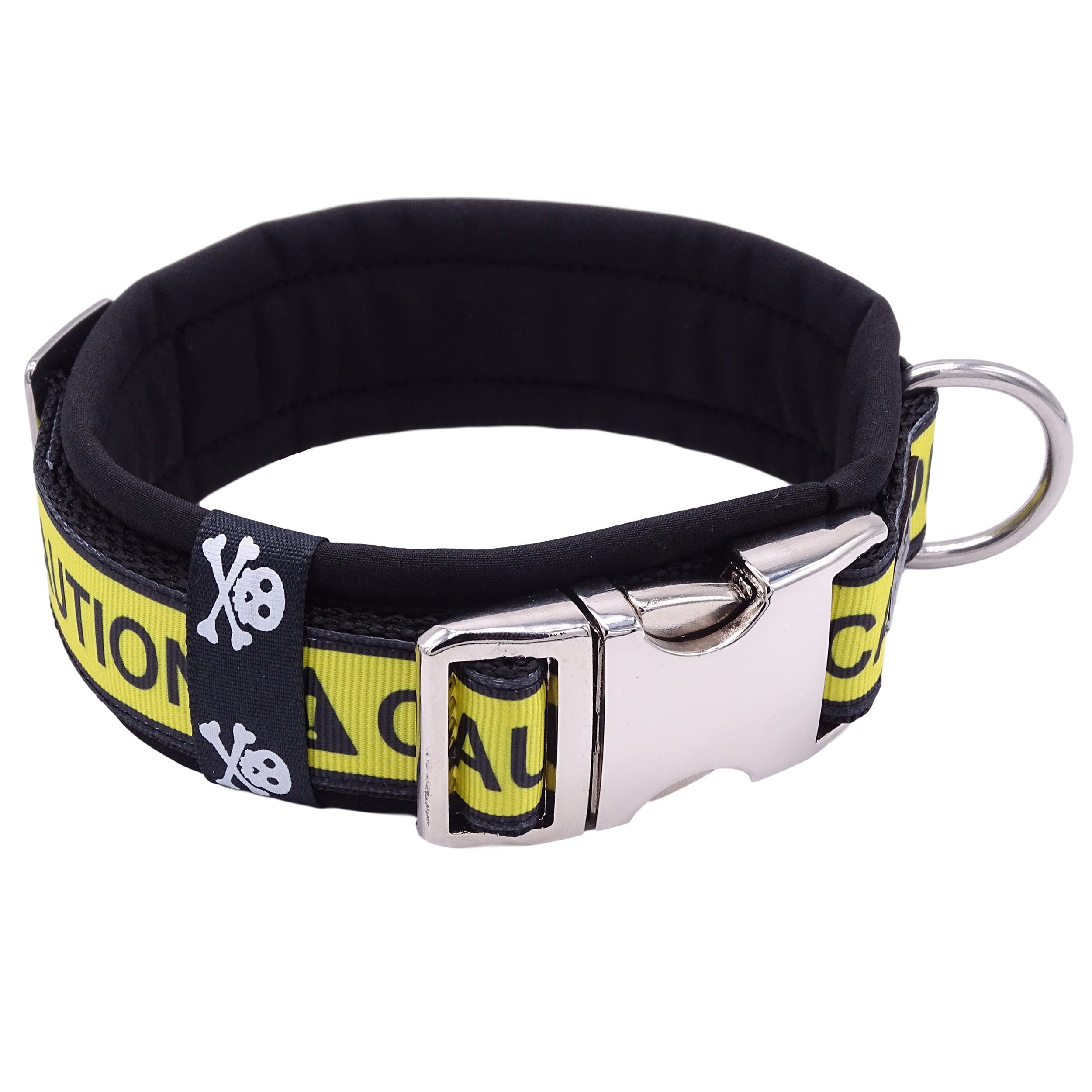 D by E Couture Hunde-Halsband "CAUTION", gepolstert, verstellbar, 40mm breit, Handmade
