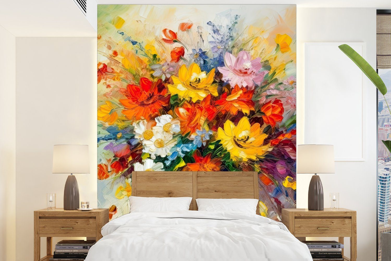 MuchoWow Fototapete Blumen - Bunt - Ölfarbe - Blumentopf, Matt, bedruckt, (4 St), Montagefertig Vinyl Tapete für Wohnzimmer, Wandtapete | Fototapeten