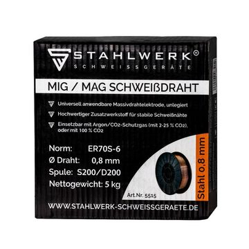 STAHLWERK Schweißdraht 2 x 0,8 mm MIG MAG ER70S-6 SG2 auf D200 Drahtrolle, (Packung, 2St), Stahl, für Schweißgeräte mit 50 mm Spulendorn-Aufnahme