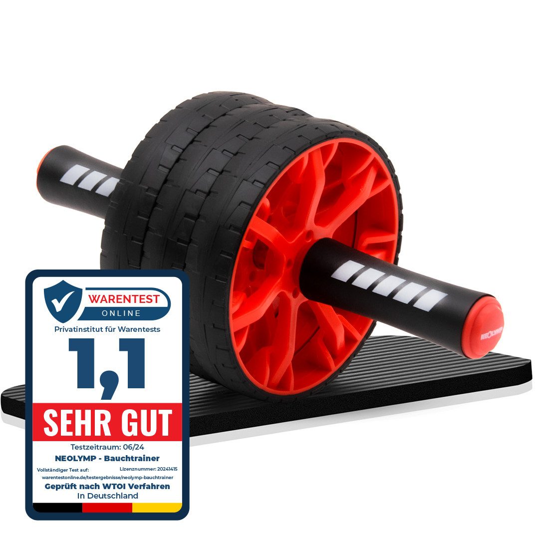 NEOLYMP Bauchmuskelmaschine Bauchtrainer - gezieltes Training der Bauchmuskeln- Bauchmuskeltrainer (Set, Bauchroller, Unterlage für die Knie, 3 Räder - individuell anpassbar), Rutschfest und Stabil, gepolsterte Griffe, Hält bis zu 150kg stand