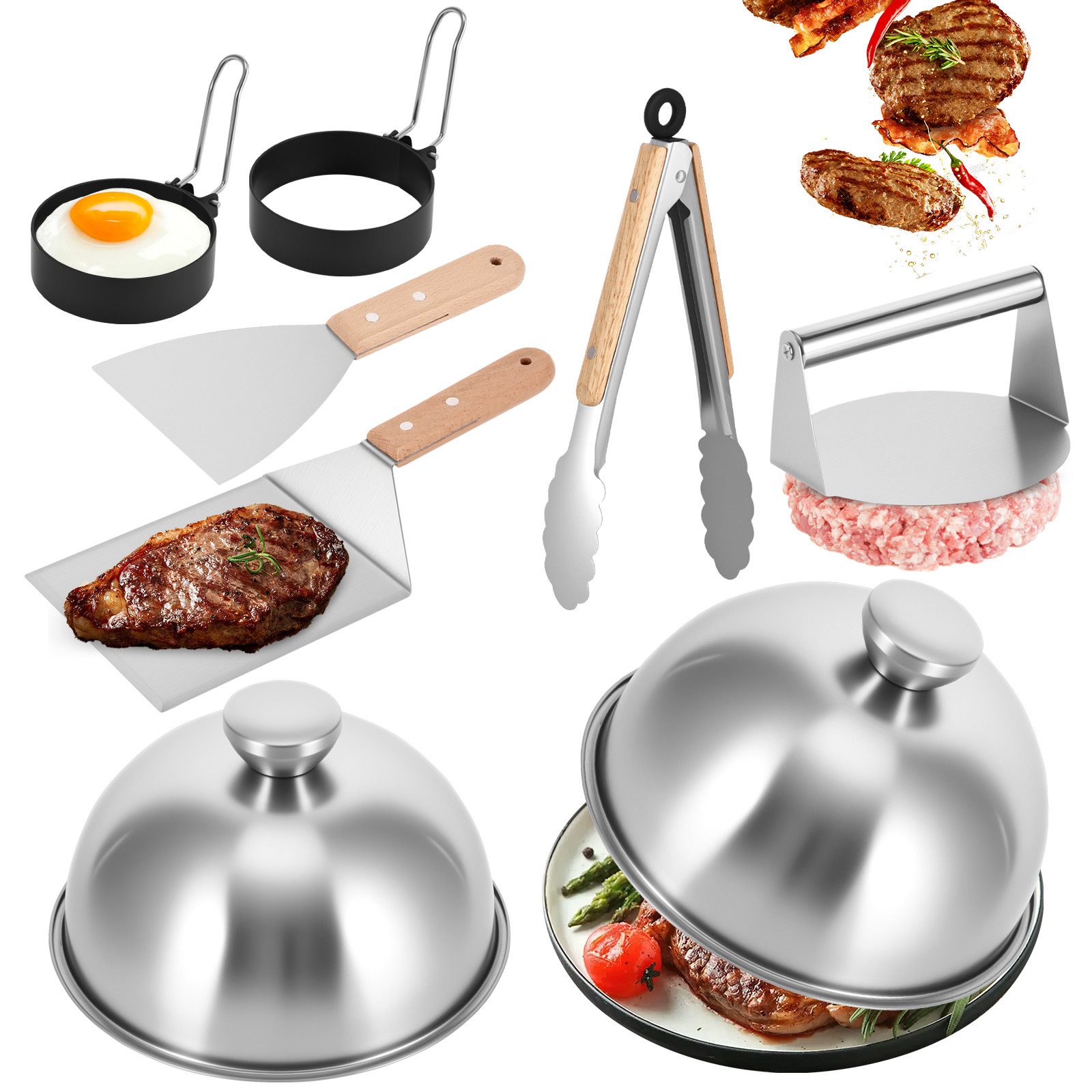 BlingBin Burgerpresse 8-teiliges Smash Burger Set aus Edelstahl, Burger Grill Set (8 St), Edelstahl 304, Inkl. Burgerpresse,Burgerglocke,Grillspachtel&Grillzange mit Holzgriff
