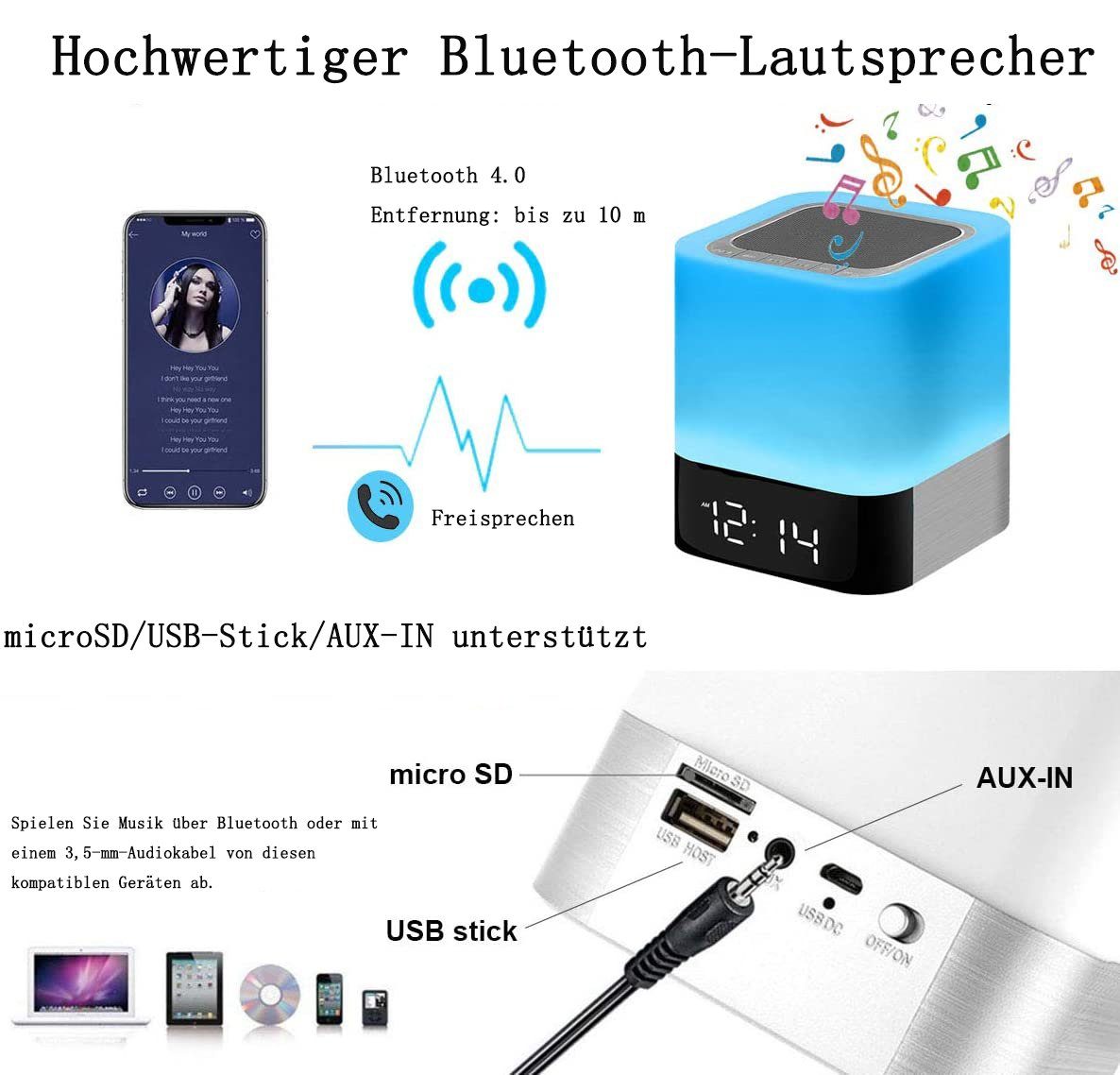 Bluetooth Bluetooth-Lautsprecher Nachttischlampe Lautsprecher Licht GelldG Touch mit Dimmbar