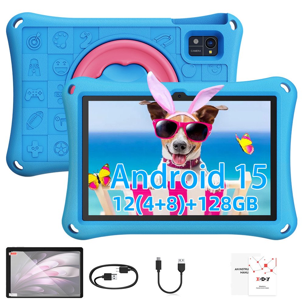 XGODY N02Pro Android 15 Kinder Tablet (10.1", 128 GB, Android 15, mit EVA Kinderschutzhülle, Octa Core 128GB ROM 7000 mAh Dual-Kamera)