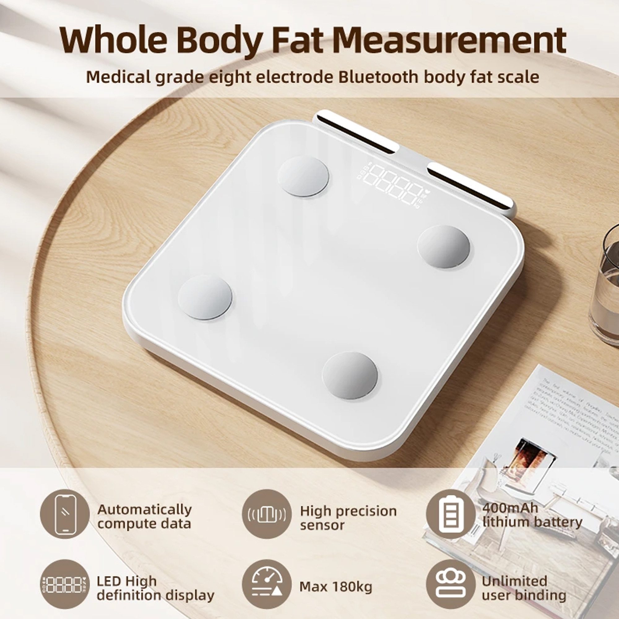 OYLCDI Körper-Analyse-Waage Messung von Körperfett, Muskelanteil, Kalorienanzeige usw., mit App zur Übertragung und Tracking der Messwerte, Full Body Scan, BMI, – Bild 5 von 5