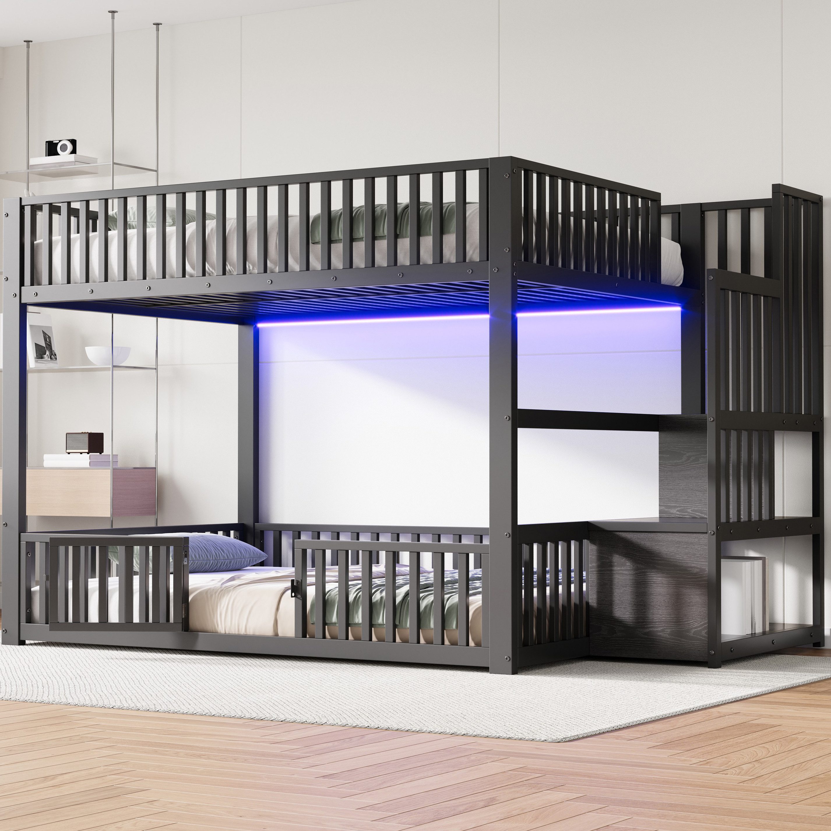 Merax Etagenbett mit LED-Beleuchtung (Jugendbett für Kinderzimmer, Gästezimmer, 1-St), Metallbett Kinderbett 140x200cm mit Stauraumleiter, Schutzgittern, Tür