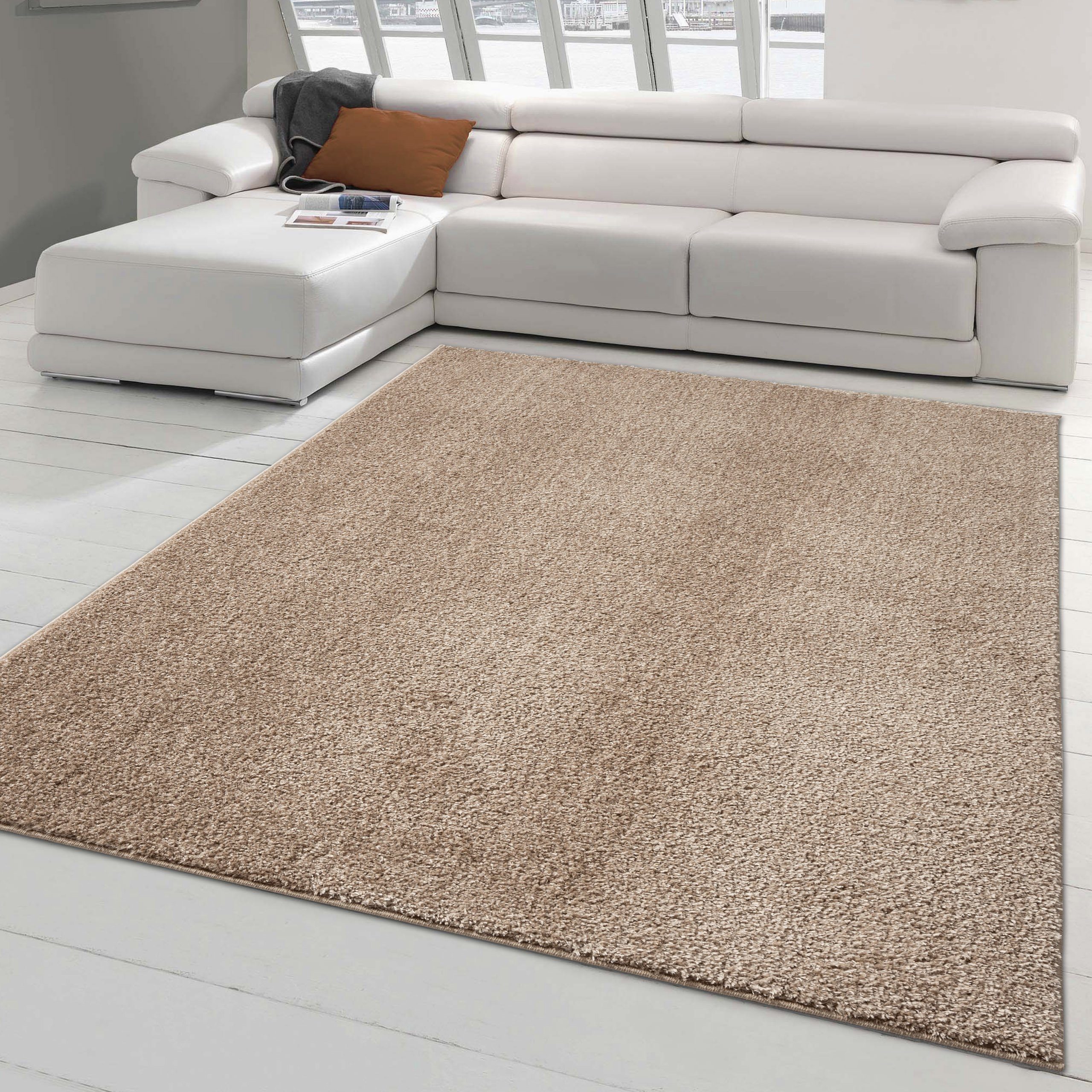 Klassischer Teppich warm beige, heller erscheinend, & gekettelt rechteckig, einfarbig Licht / Teppich-Traum, Flauschteppich, (langlebig), dunkler kuschelig, Waschbar Rundherum in Je