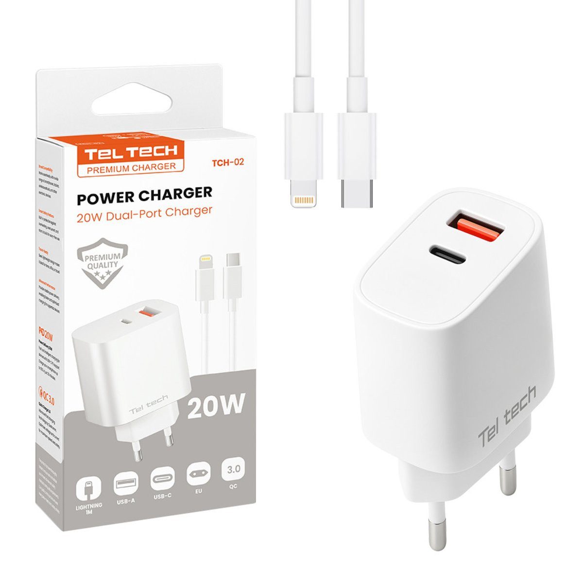 Wisam Teltech Schnellladegerät USB / USB-C 20W + Kabel USB-C - Lightning QC Smartphone-Ladegerät