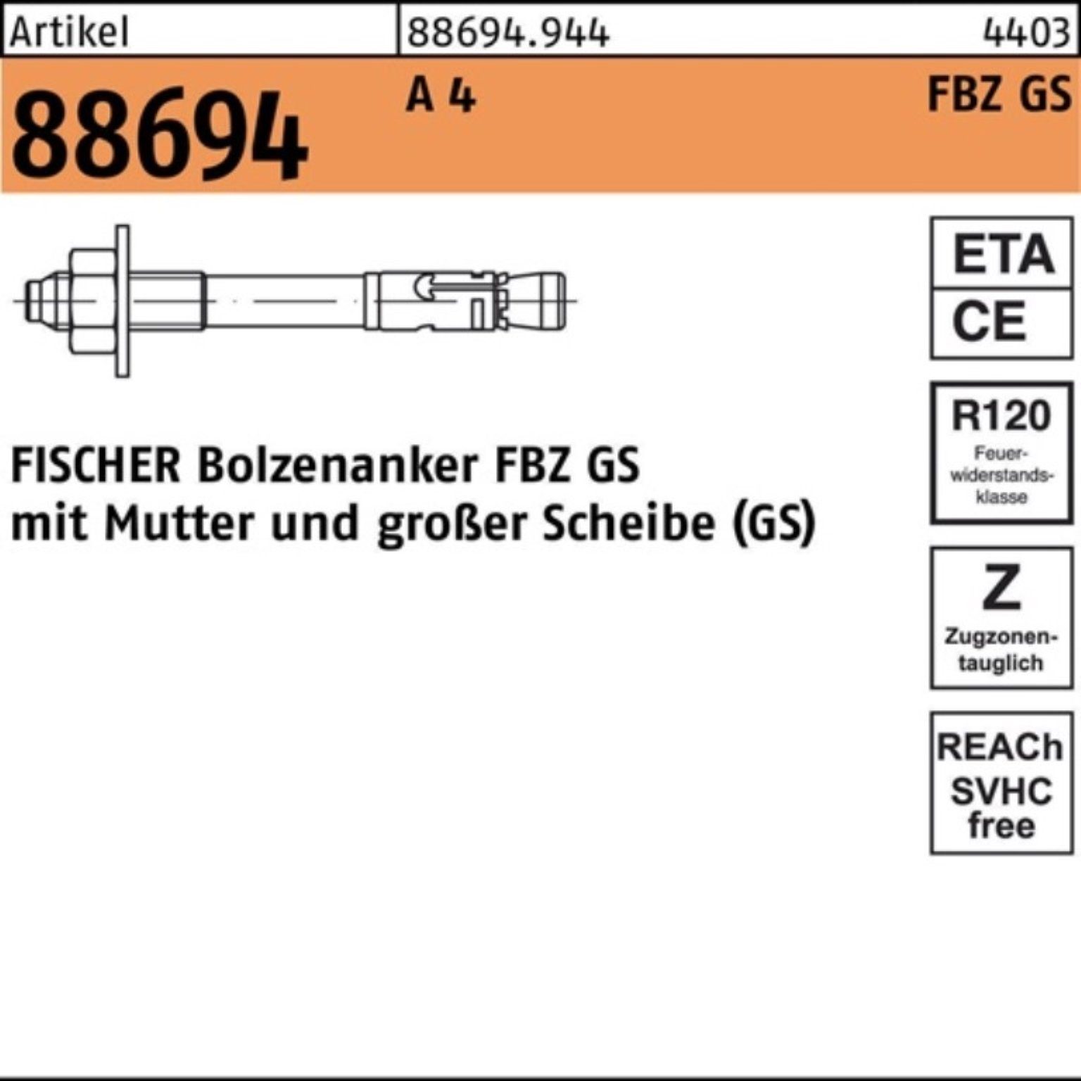 fischer Bolzenanker 100er Pack FISCHER 886949440100010 Bolzenanker R 88694 FBZ 10/10 GS A