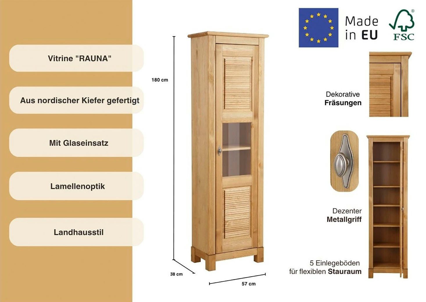 OTTO home Vitrine Rauna Vitrinenschrank, Stauraumchrank Höhe 180 cm, aus massiver Kiefer, FSC®-zertifiziert