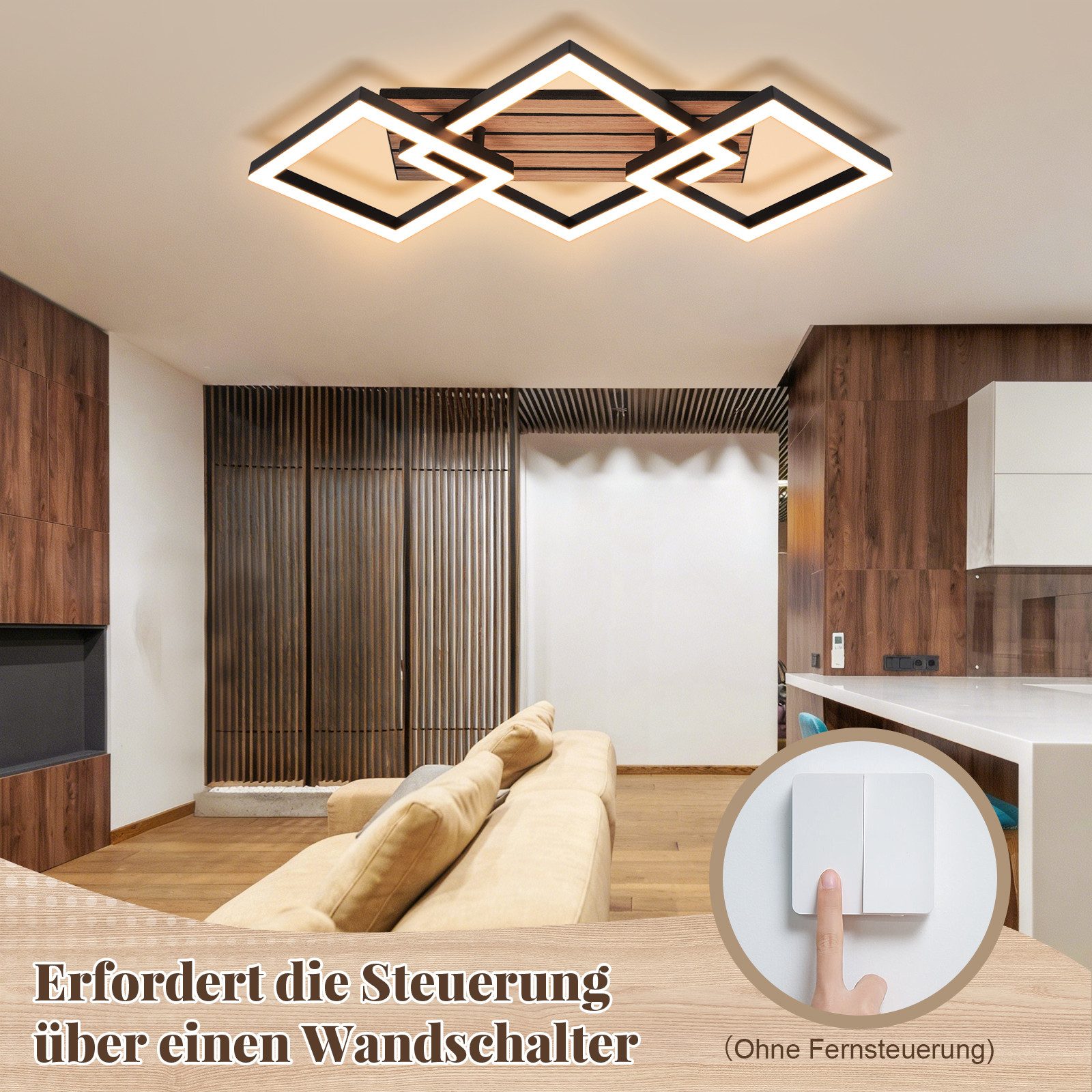 Nettlife LED Deckenleuchte Retro schwarz 14/21W eckig 3000K Warmweiß Design lampe Holz, LED fest integriert, für Küche Schlafzimmer Flur Wohnzimmer Bürolampe Zu – Bild 5 von 5