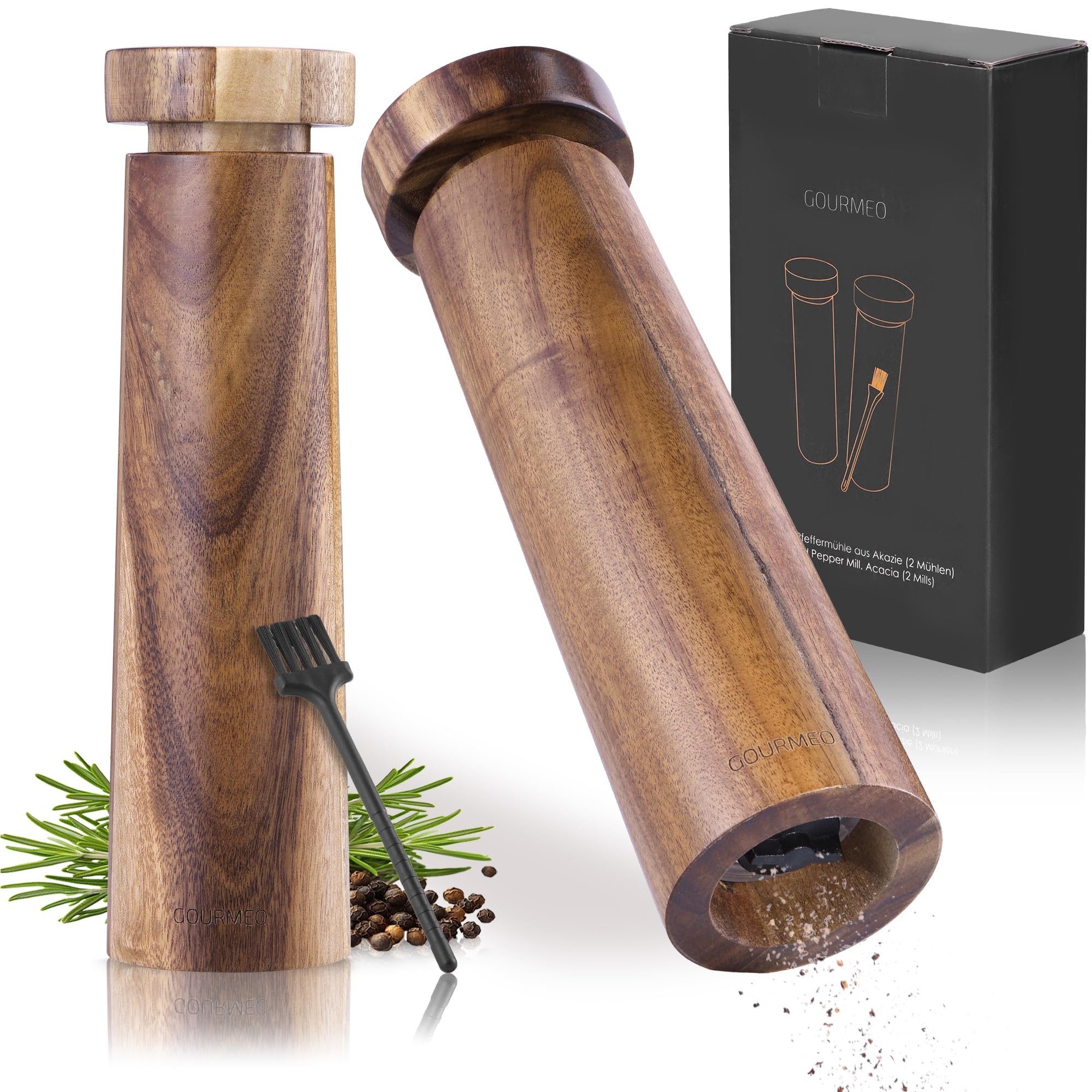GOURMEO Salz-/Pfeffermühle Pfeffer und Salzmühle - Pfeffer Salz Mühlenset - Salz Мельницы для перца, (1 Stück), Salz- und Pfeffermühle Holz - Gewürzmühle Akazienholz - Einstellbar