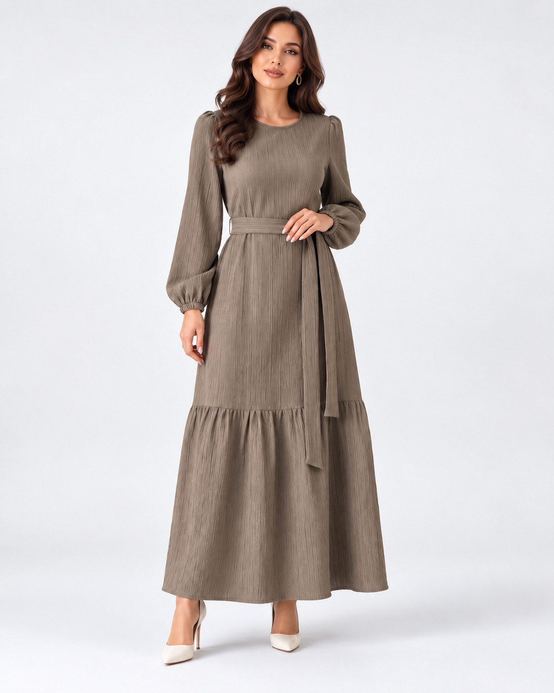fashionshowcase Maxikleid Damen Crinkle Kleid mit Gürtel, Ballonärmel, 140 cm, Gr. 36–46 Mit Bindegürtel in Taille und dezentem Volant am Saum