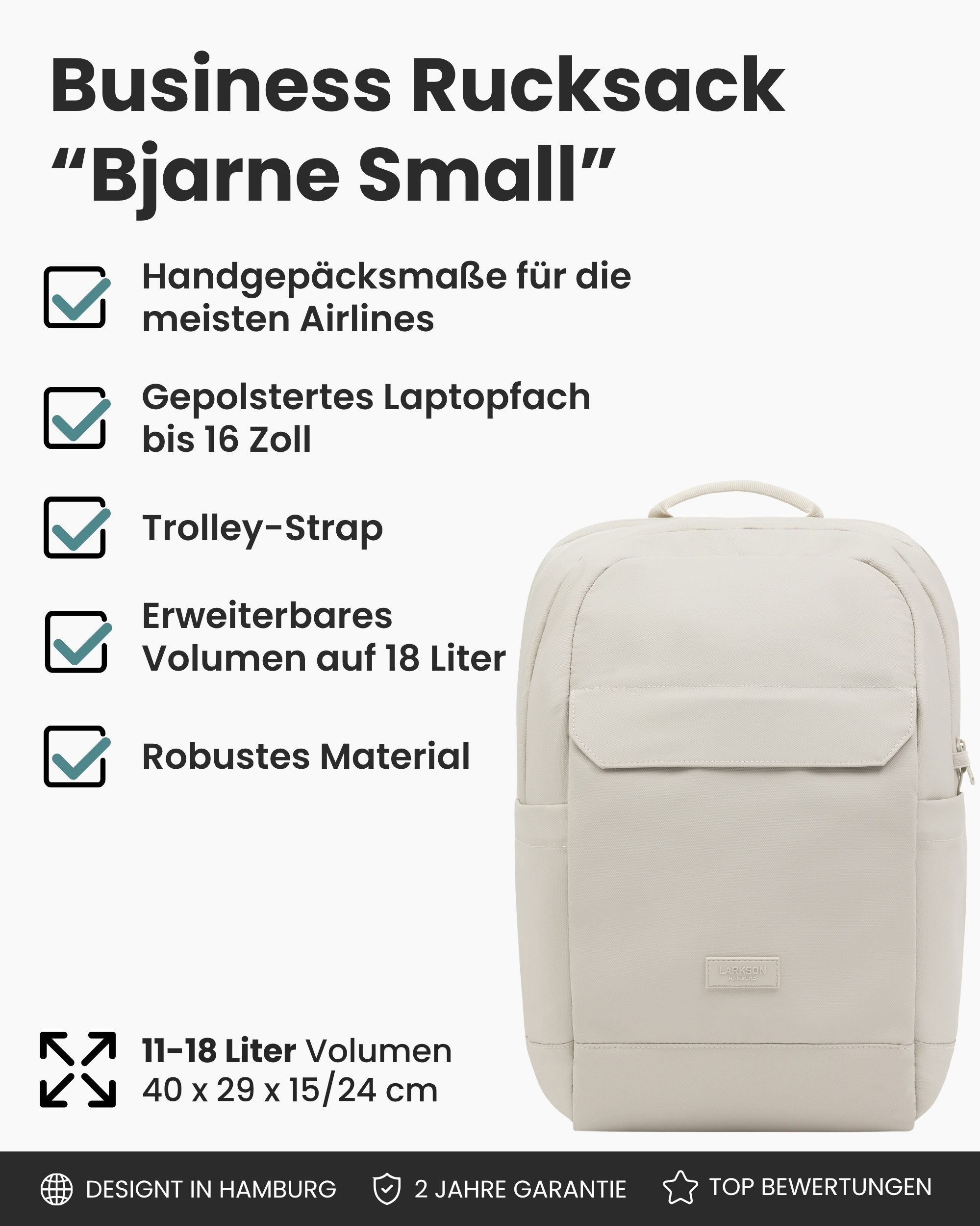 LARKSON Rucksack Bjarne Small Business Arbeitsrucksack für Herren, Handgepäck mit 16“ Laptopfach & Anti-Diebstahl-Loops