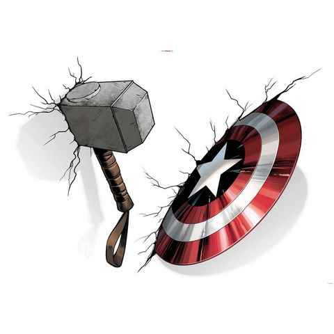 Komar Wandtattoo Avengers Hammer & Shield (4 St), 100x70 cm (Breite x Höhe), selbstklebendes Wandtattoo