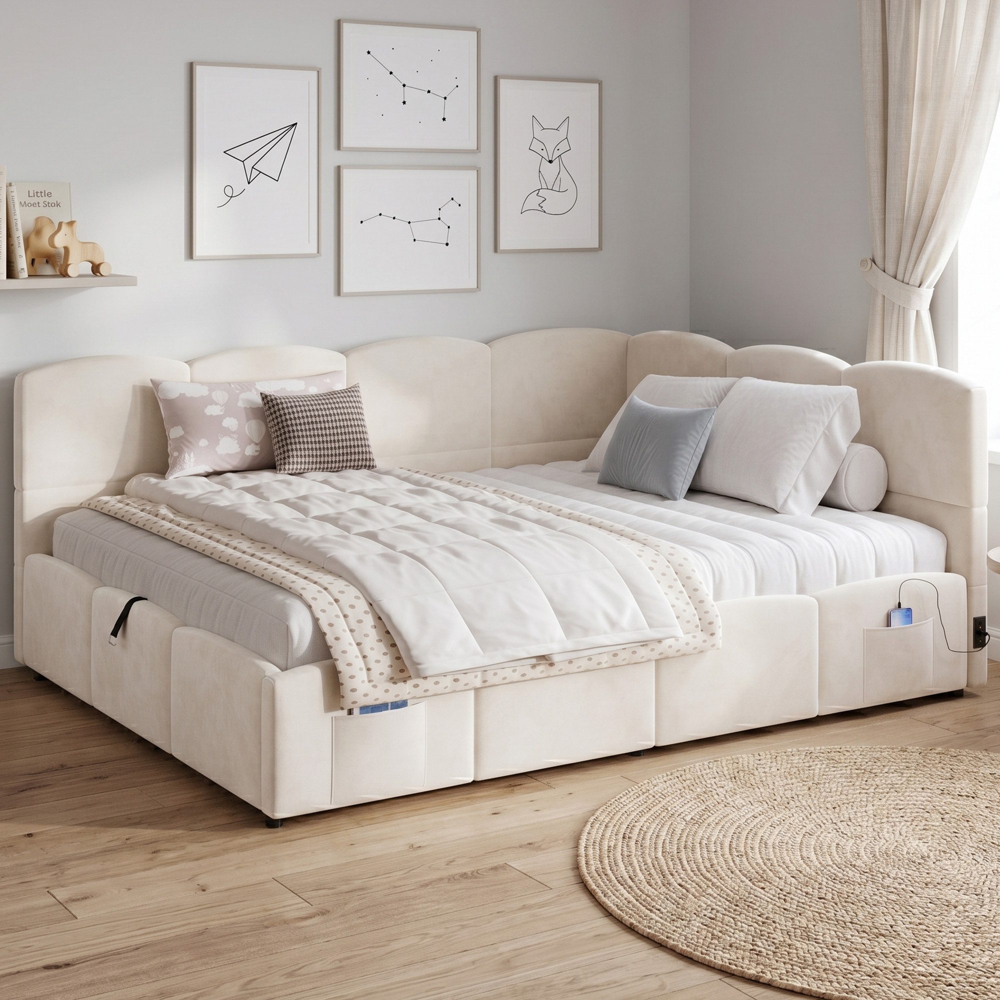 Celya Polsterbett Kinderbett, Daybett, Stauraumbett, Schlafsofa (ohne Matratze, mit Lattenrost, USB-Ladegerät, Stautasche)