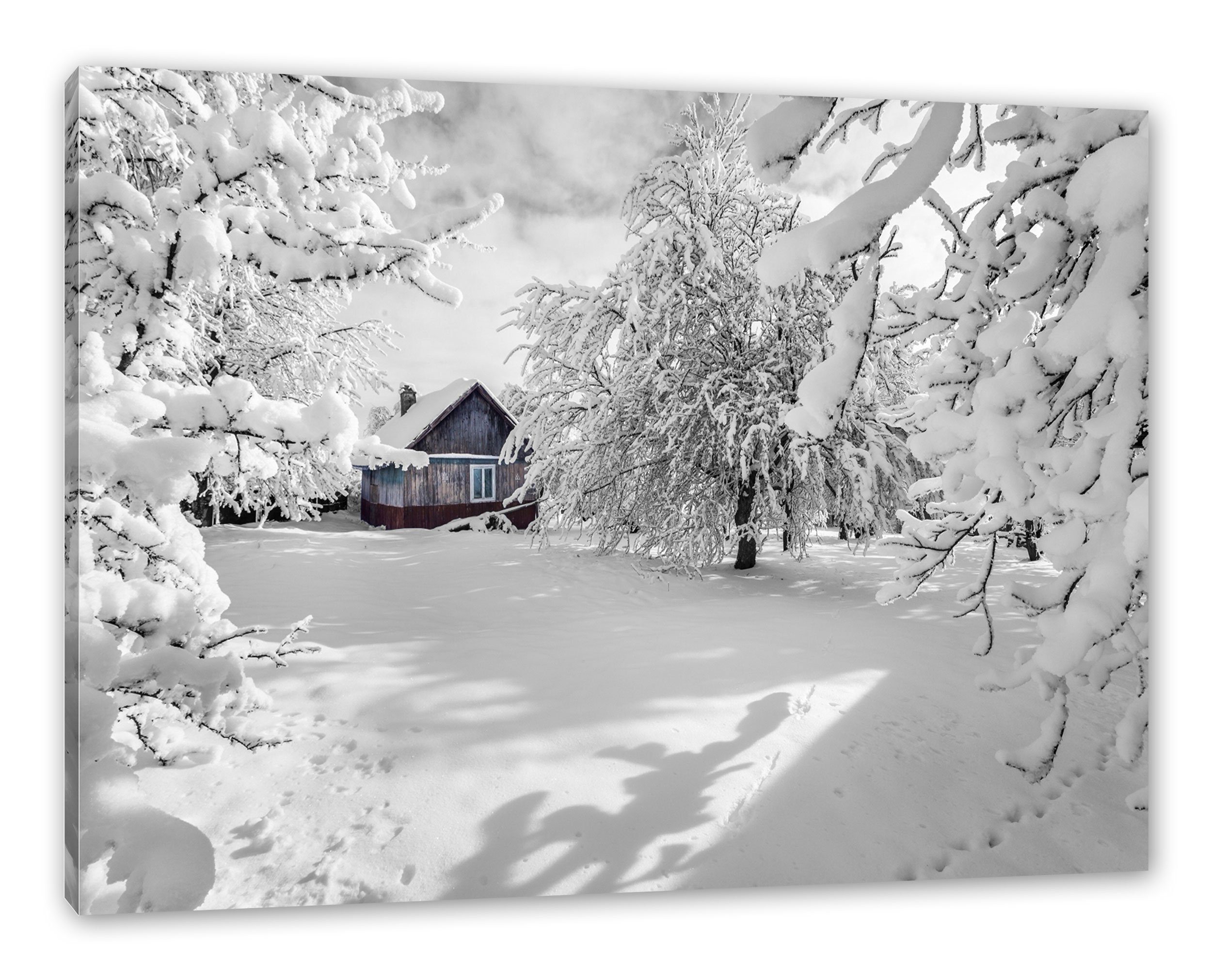 Pixxprint Leinwandbild Hütte in schöner Winterlandschaft, günstig online kaufen