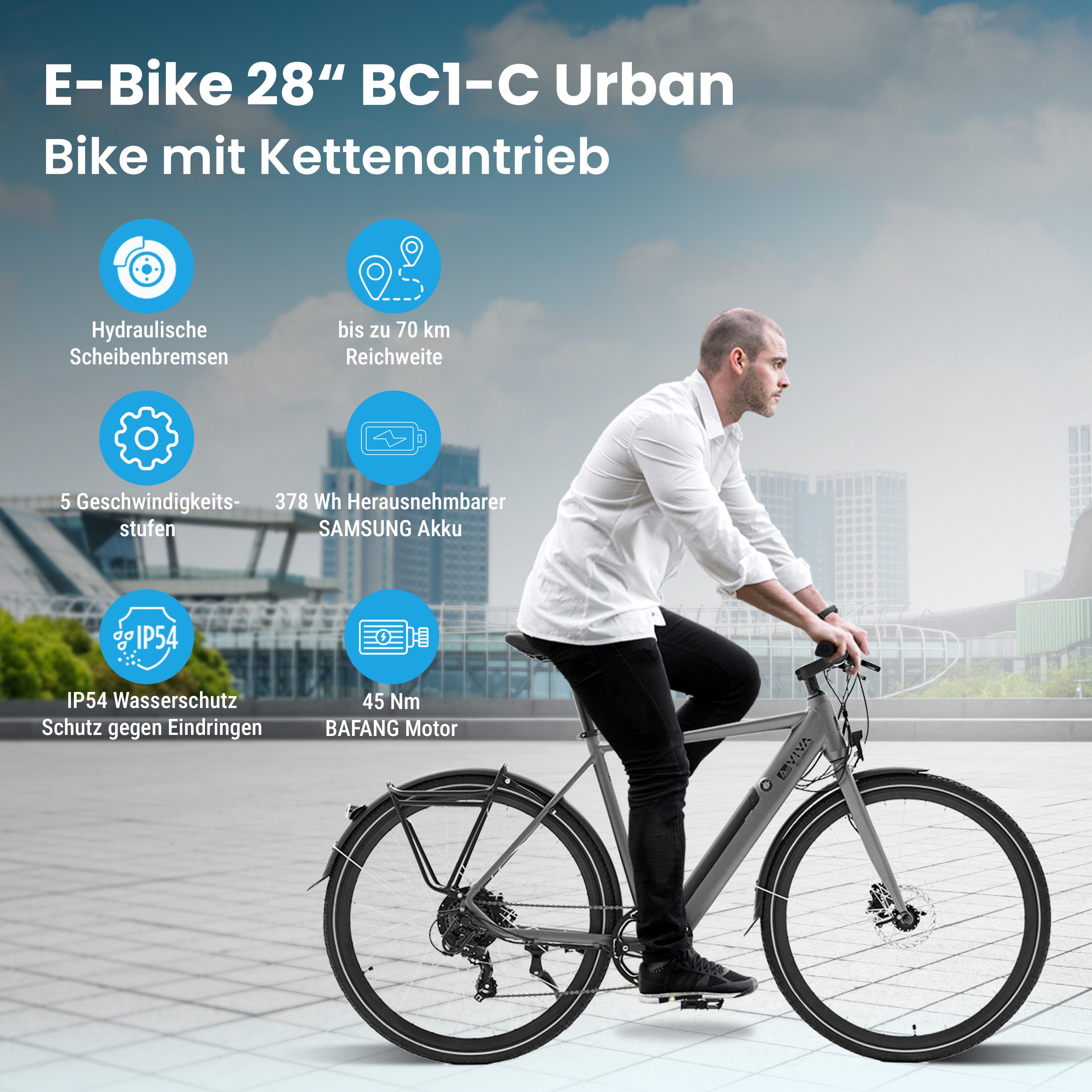 AsVIVA E-Bike Cityrad BC1-C Elektrofahrrad 28 Zoll, 7 Gang Shimano Shimano Tourney / SIS RevoShift Schaltwerk, Kettenschaltung, Heckmotor, 378 Wh, 250W Bafang-Motor, Samsung-Akku