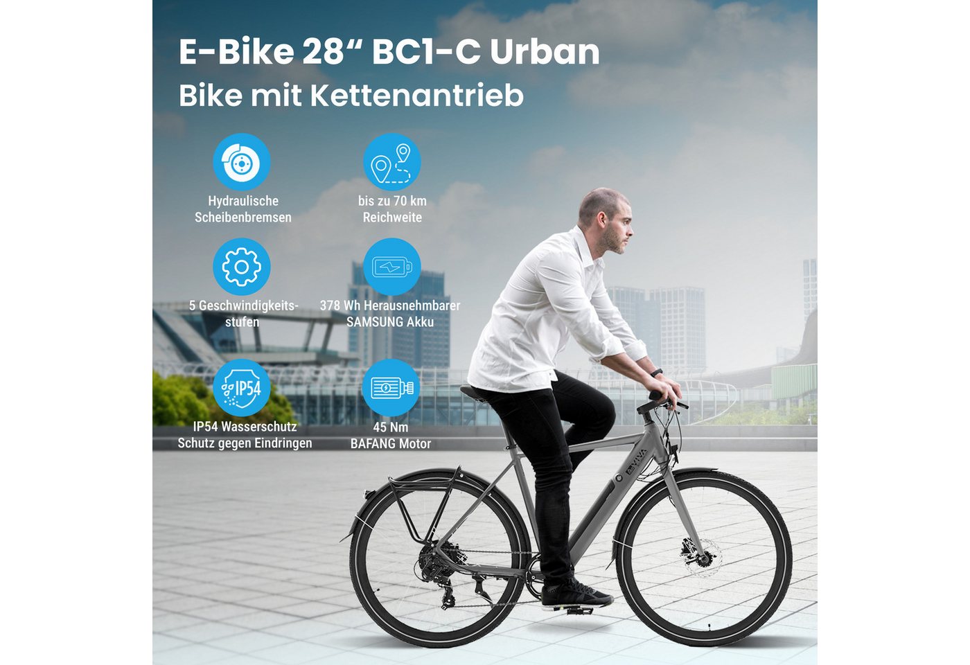 Thumbnail - AsVIVA E-Bike Urban-Bike BC1C Urban 28" Pedelec, 250W Bafang-Motor, Samsung-Akku, Kettenantrieb, 7 Gang Shimano Shimano ...