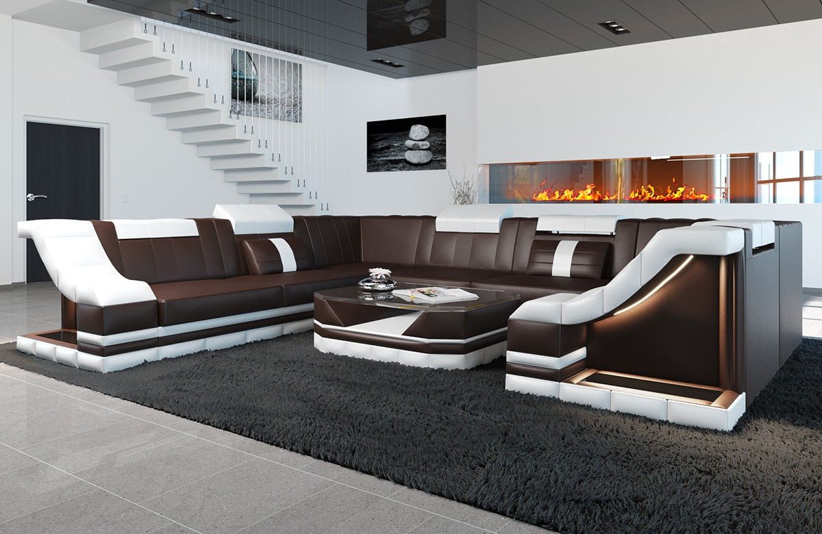 Sofa Dreams Wohnlandschaft Ledersofa Bianchi U Form Mini, Designersofa, Sofa mit Beleuchtung