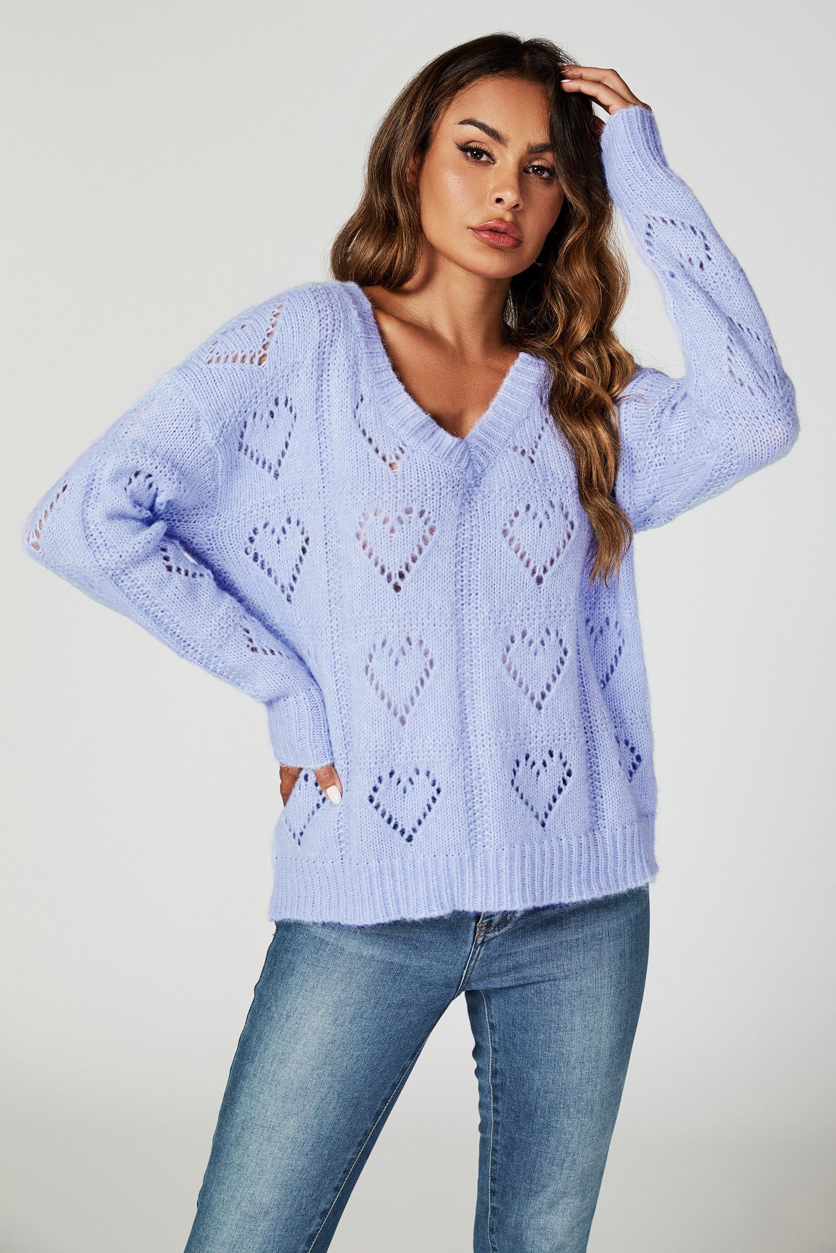 FS Collection Strickpullover Damen Strickpullover mit Herzmuster und weiter günstig online kaufen