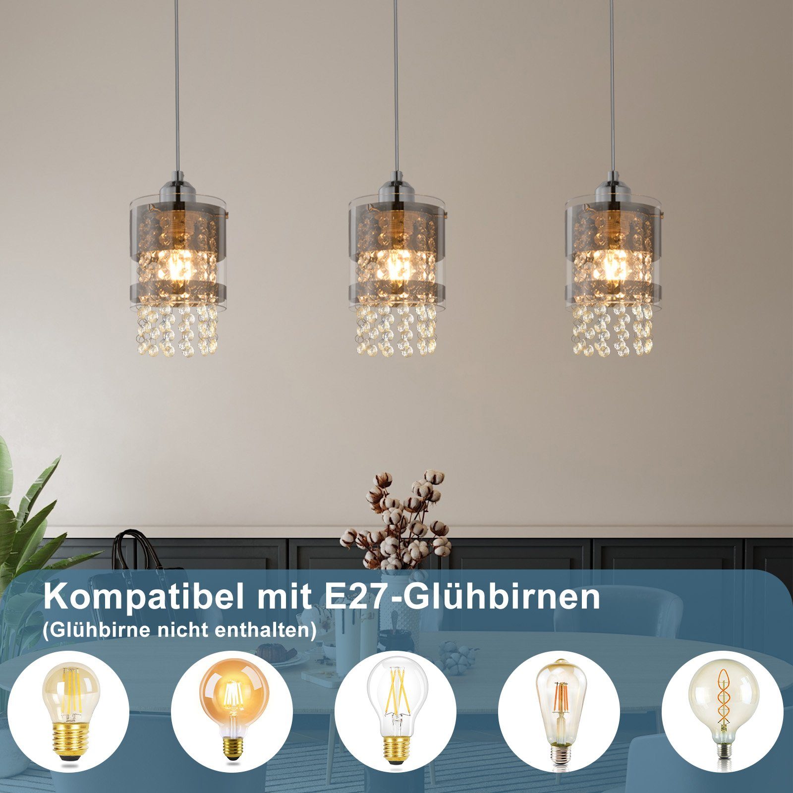 ZMH Pendelleuchte Wohzimmer Modern 150CM Esstisch Hängelampe Kristall Pendellampe Flur, Einfache Installation, ohne Leuchtmittel, Höhenverstellbar Design Pendelleuchte für Esszimmer