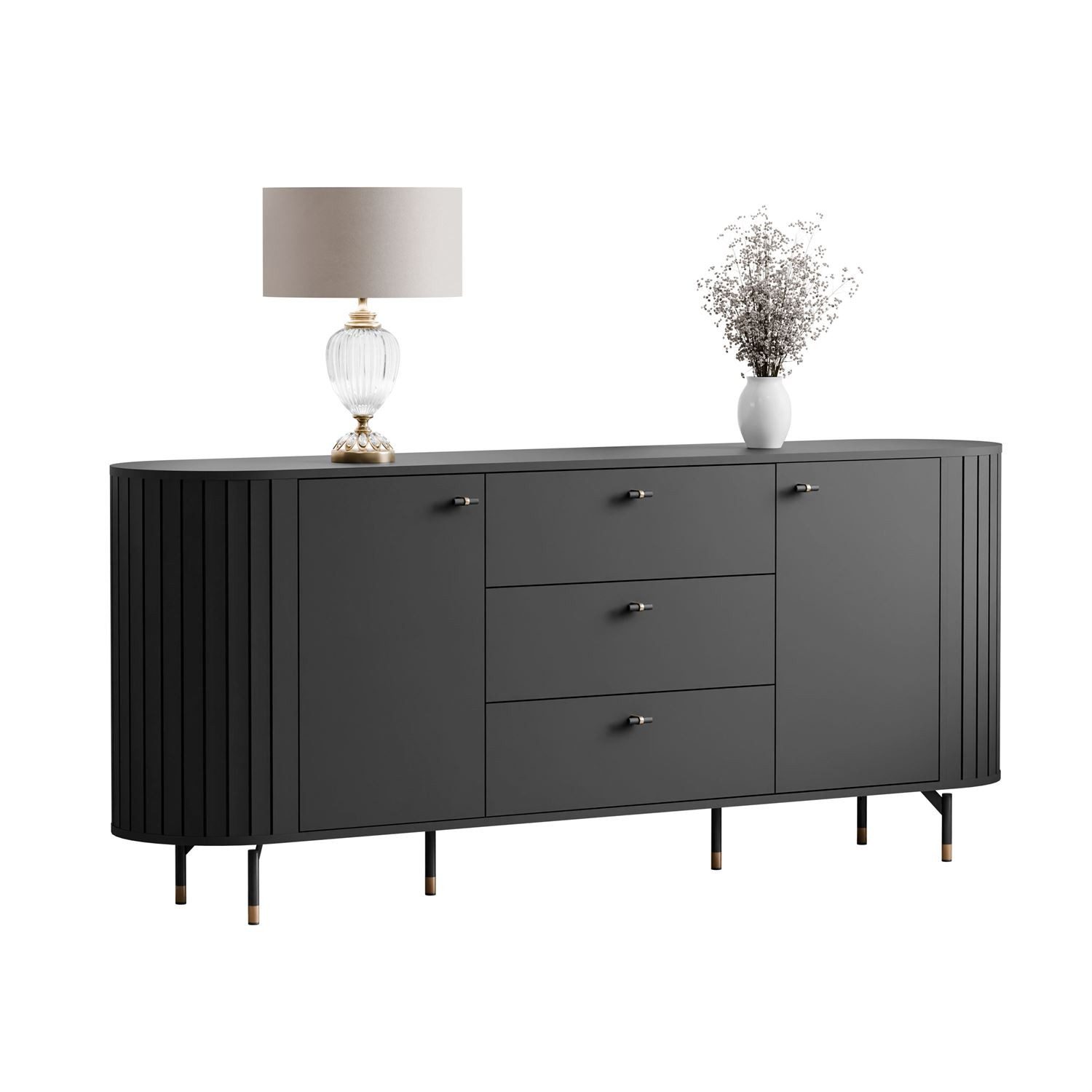yourhouse24 Sideboard LINNEA 190cm 2D3S Runde Ecken Lamellen Kaschmir/Schwarz