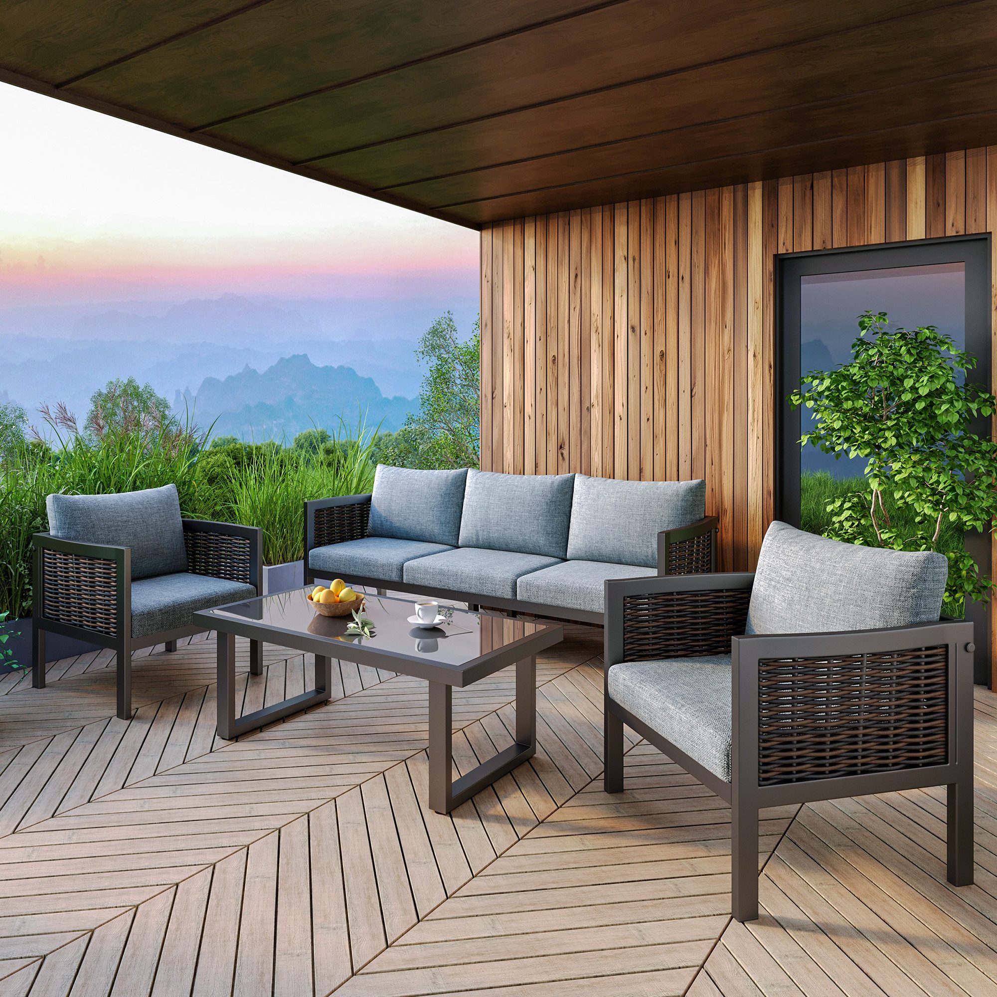 Flieks Gartenlounge-Set, 5-Sitzer Polyrattan Gartenmöbel 3er-Sofa günstig online kaufen