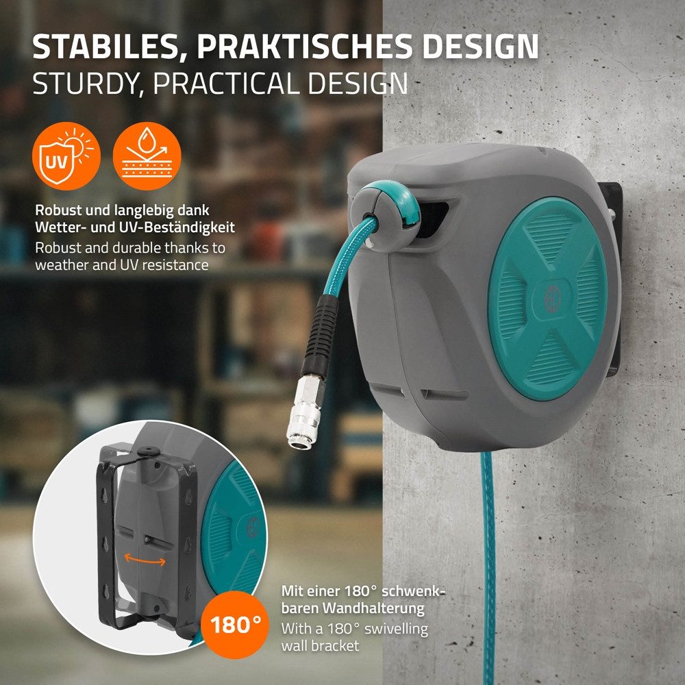 ECD Germany Druckluftschlauch Hochdruckschlauch Automatik Aufroller 1/4" Anschluss Arretierfunktion, Schlauchaufroller für Wandmontage 10m+1m 15 bar 180° schwenkbar Ø12mm