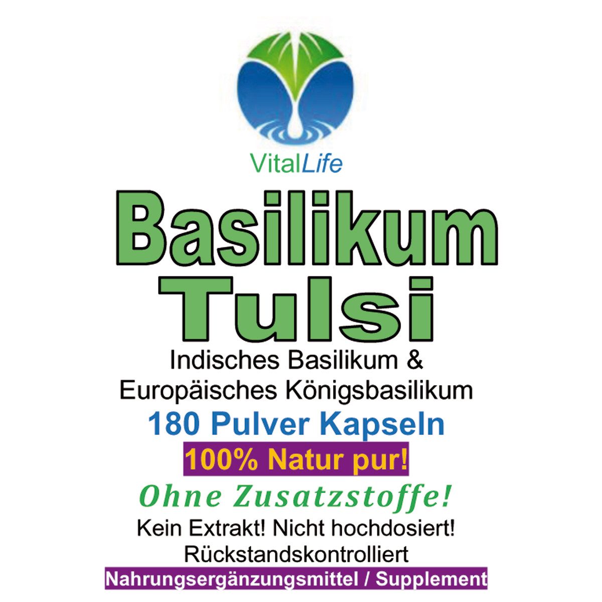 VitalLife Basilikum Tulsi NATUR pur KEIN Extrakt OHNE Zusatzstoffe Kapseln, 1 er Dose à 180 St., 81 g, Art. 26417-180