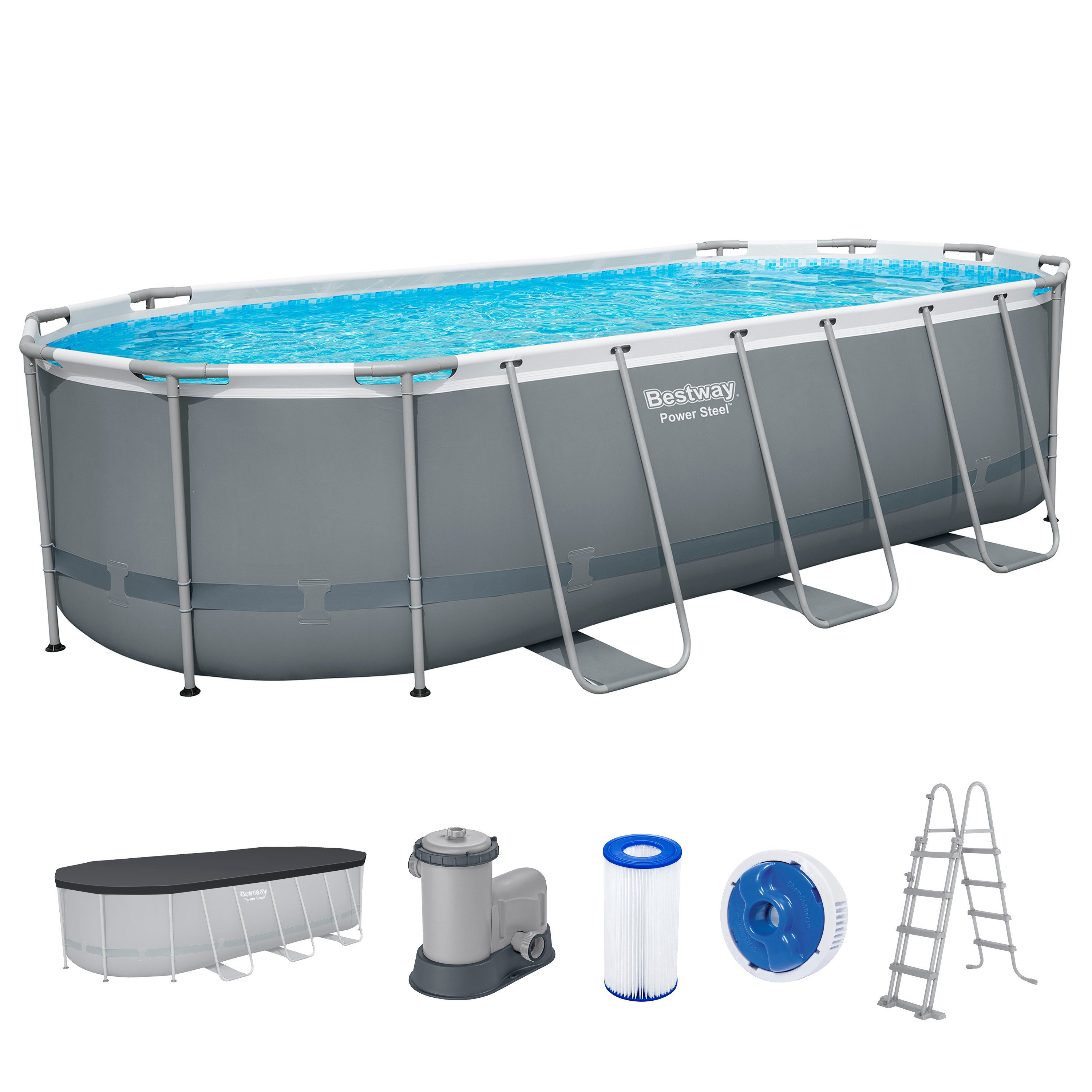 Bestway Framepool Power Steel™ (Set, Inkl. Filterpumpe, Sicherheitsleiter, Abdeckplane), 549 x 274 x 122 cm