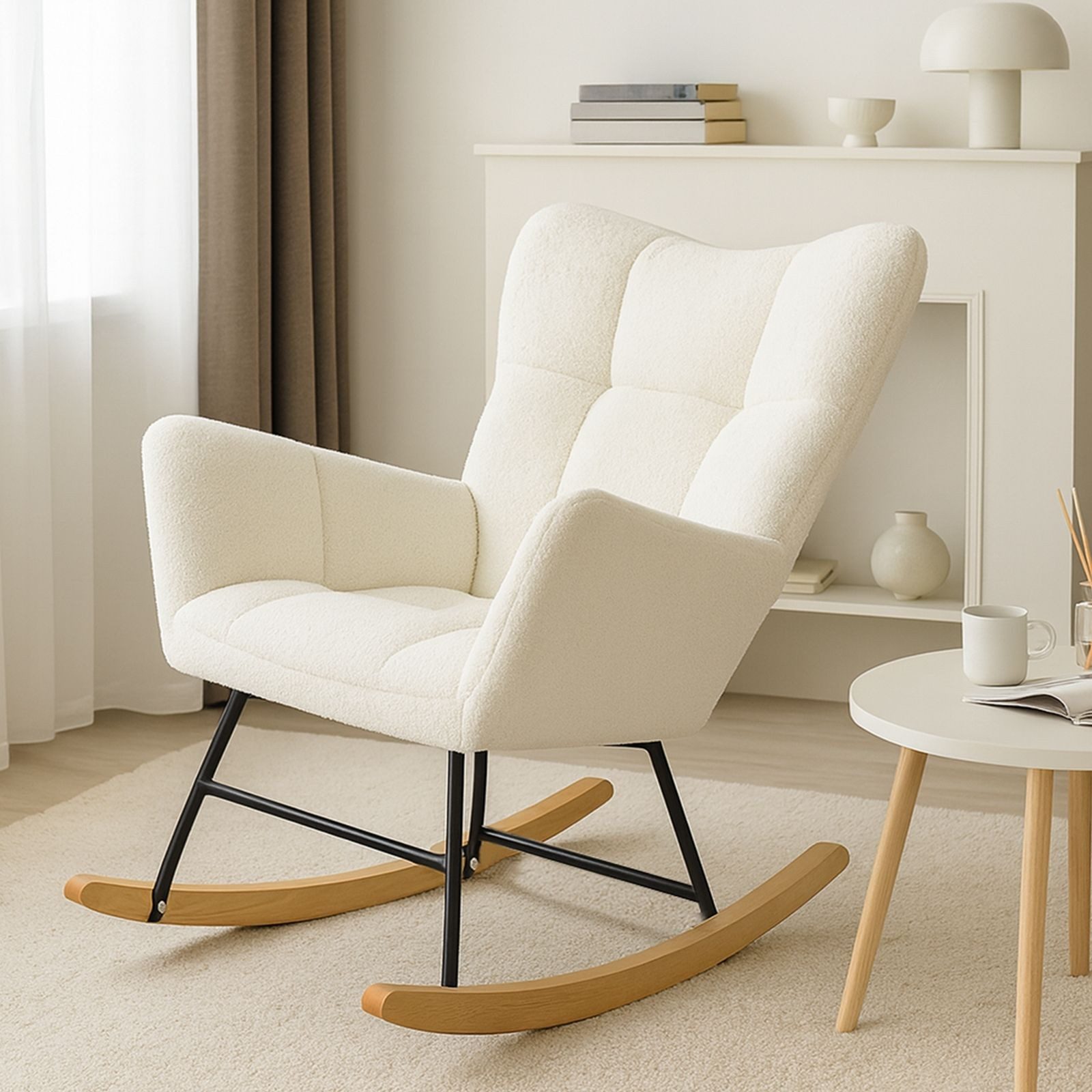 Allyson Schaukelstuhl Schaukelstuhl Teddy Plüsch – Lounge-Sessel mit hoher Rückenlehne, bis 150 kg belastbar, Beige