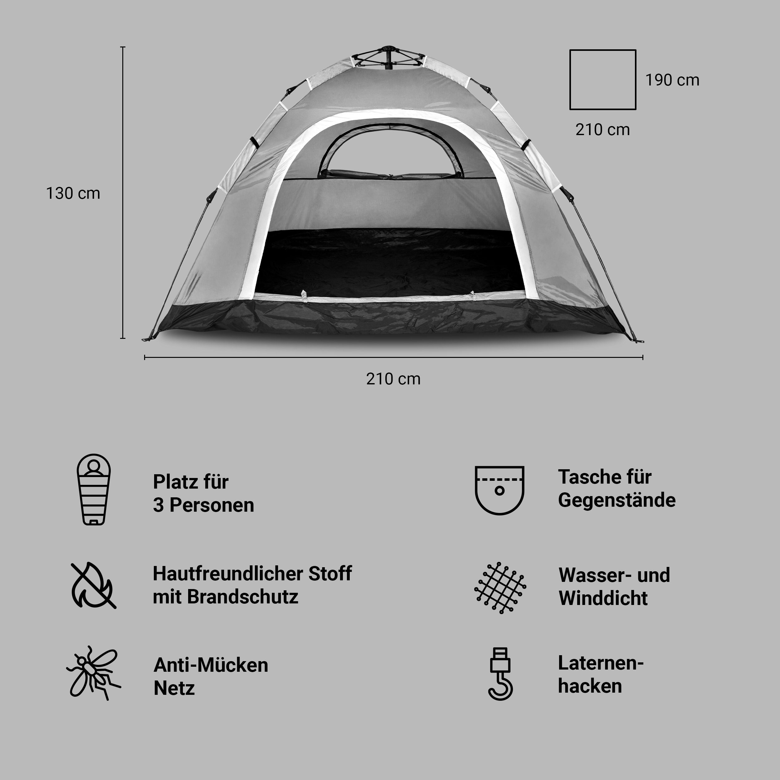 MSports® Igluzelt Campingzelt Pop Zelt Up Kuppelzelt Würfelzelt 2-3 Grau Zelt Wasserdicht Winddicht Personen