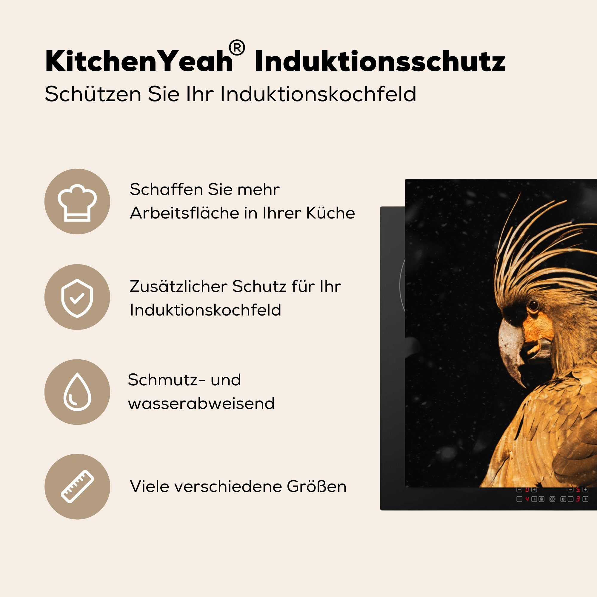Gold (1 MuchoWow - Schwarz, Vinyl, Ceranfeldabdeckung, Kakadu tlg), cm, Arbeitsplatte - für küche Herdblende-/Abdeckplatte 78x78
