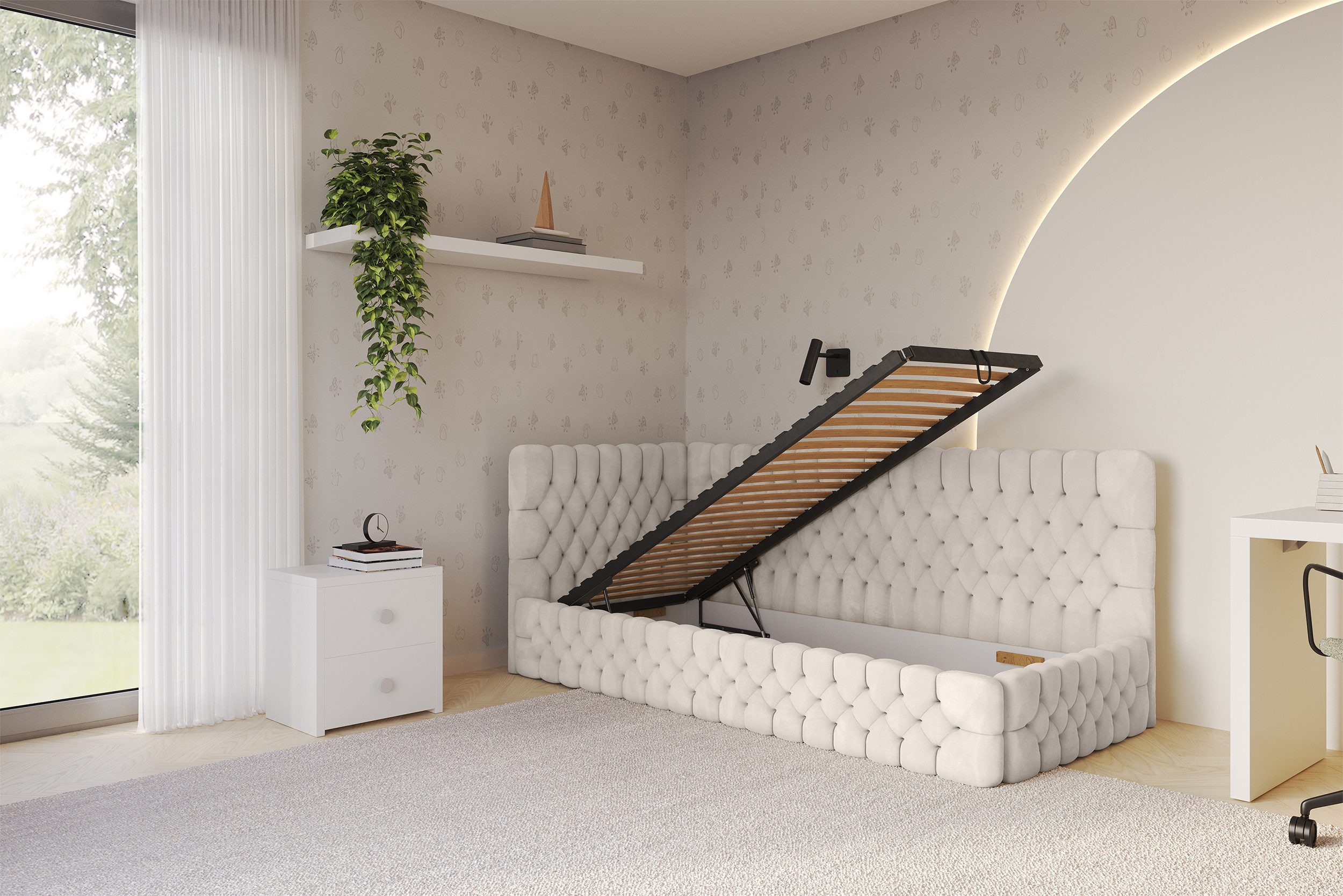 ALTDECOR Jugendbett MULY (Jugendbett mit Bettkasten und Lattenrost, Polsterbett ohne Matratze), Einzelbett mit Stauraum, Bett mit Kopfteil
