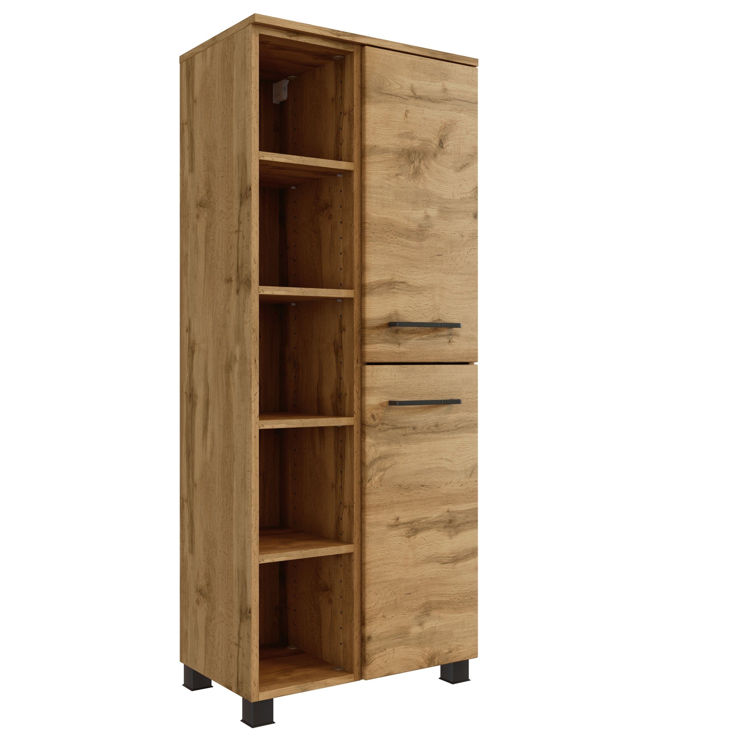 möbelando Midischrank Manchester aus MDF in (B/H/T) mit 55x130x33 Türen 2 cm und Einlegeböden. 6 wotaneiche Abmessungen