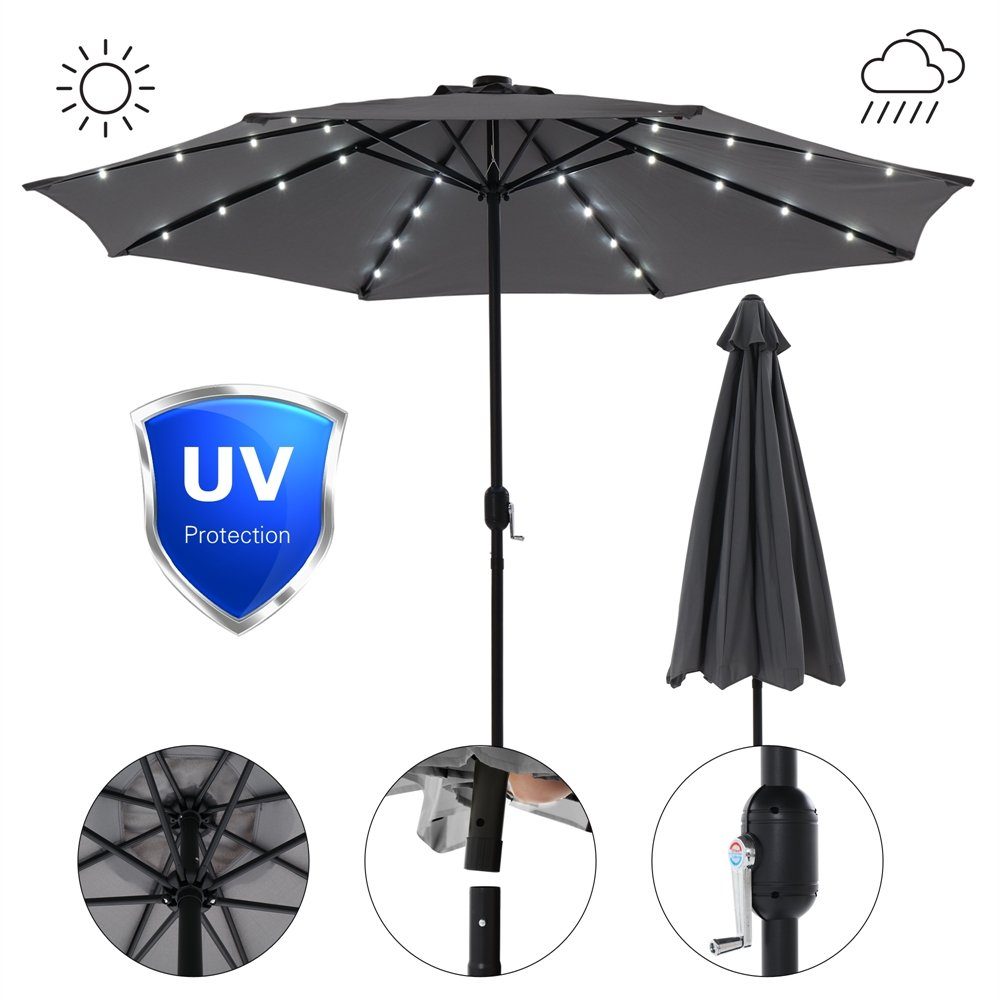 Feel2Home Sonnenschirm Sonnenschirm Marktschirm Ø3m LED Beleuchtung Strandschirm grau/beige, LxB: 300,00x300,00 cm, Stück, Premium-Sonnenschirm, LED-Beleuchtung