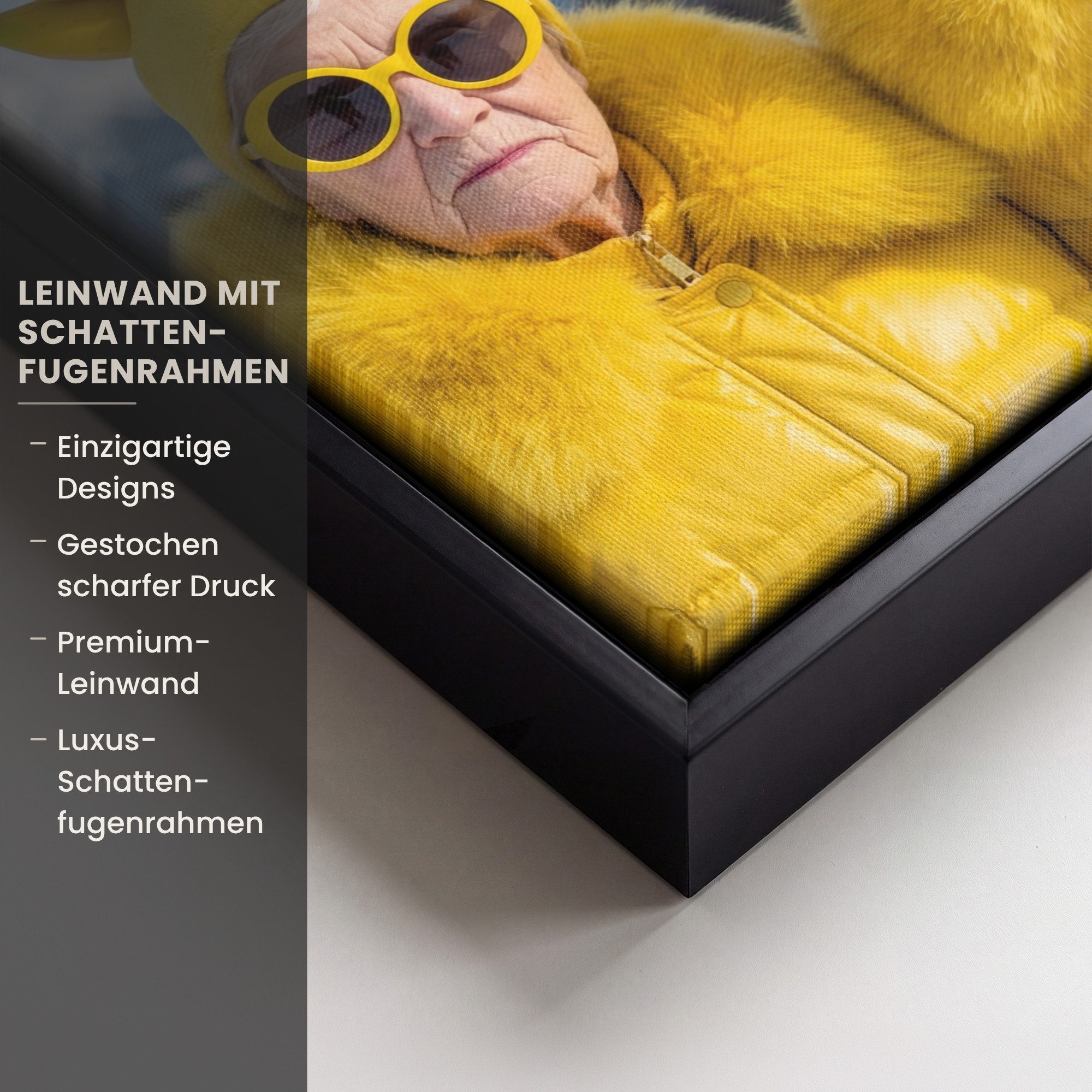 OneMillionCanvasses® Leinwandbild mit Rahmen - Frauen - Bananen - Gelb, Fotodruck (1 St), Leinwand Bilder Klein, Wand Dekoration Aesthetic 20x20cm