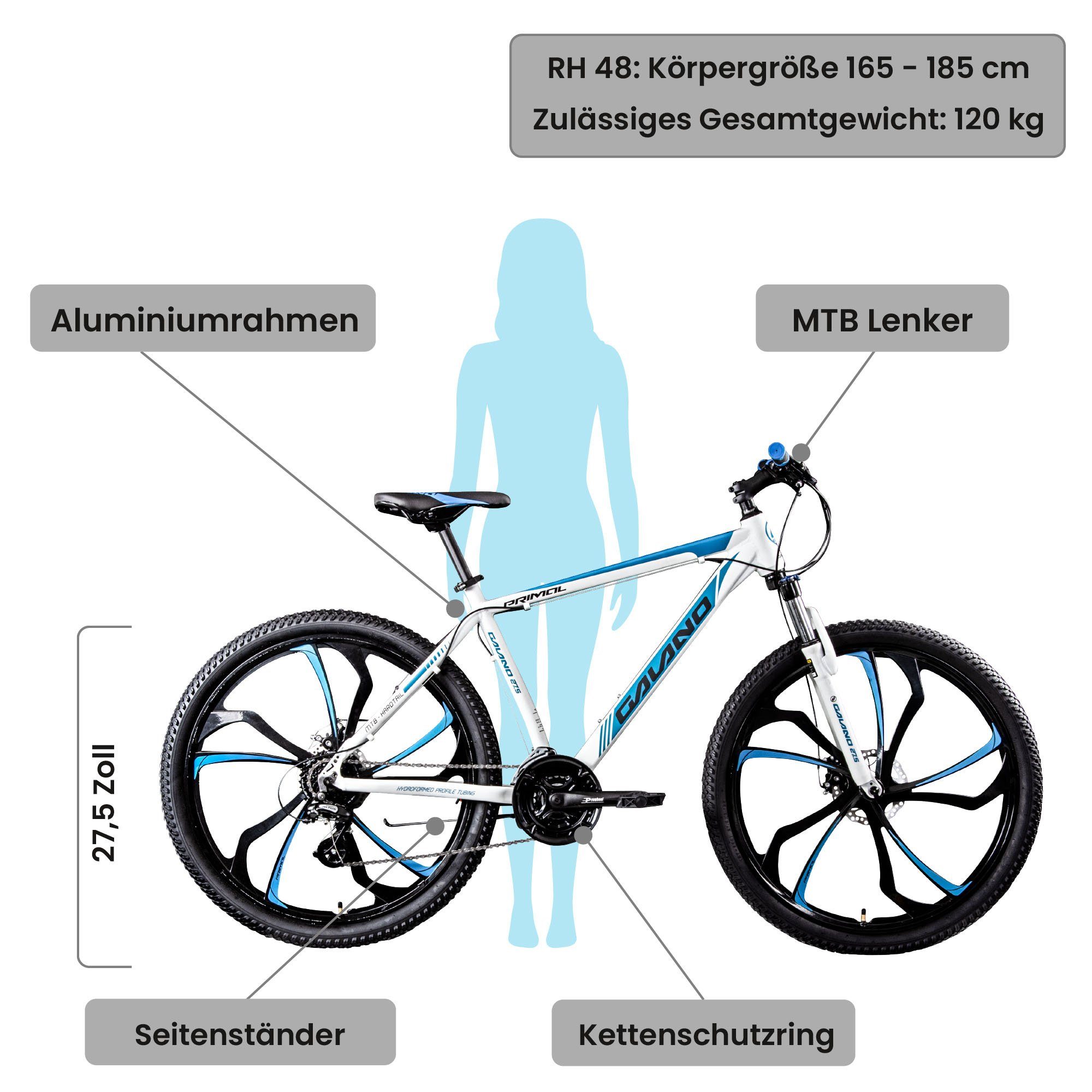 weiß/blau 165-185cm Galano MTB und Gang, Hardtail Jugendliche Kettenschaltung, Fahrrad Erwachsene Mountainbike Mountainbike Primal, 24