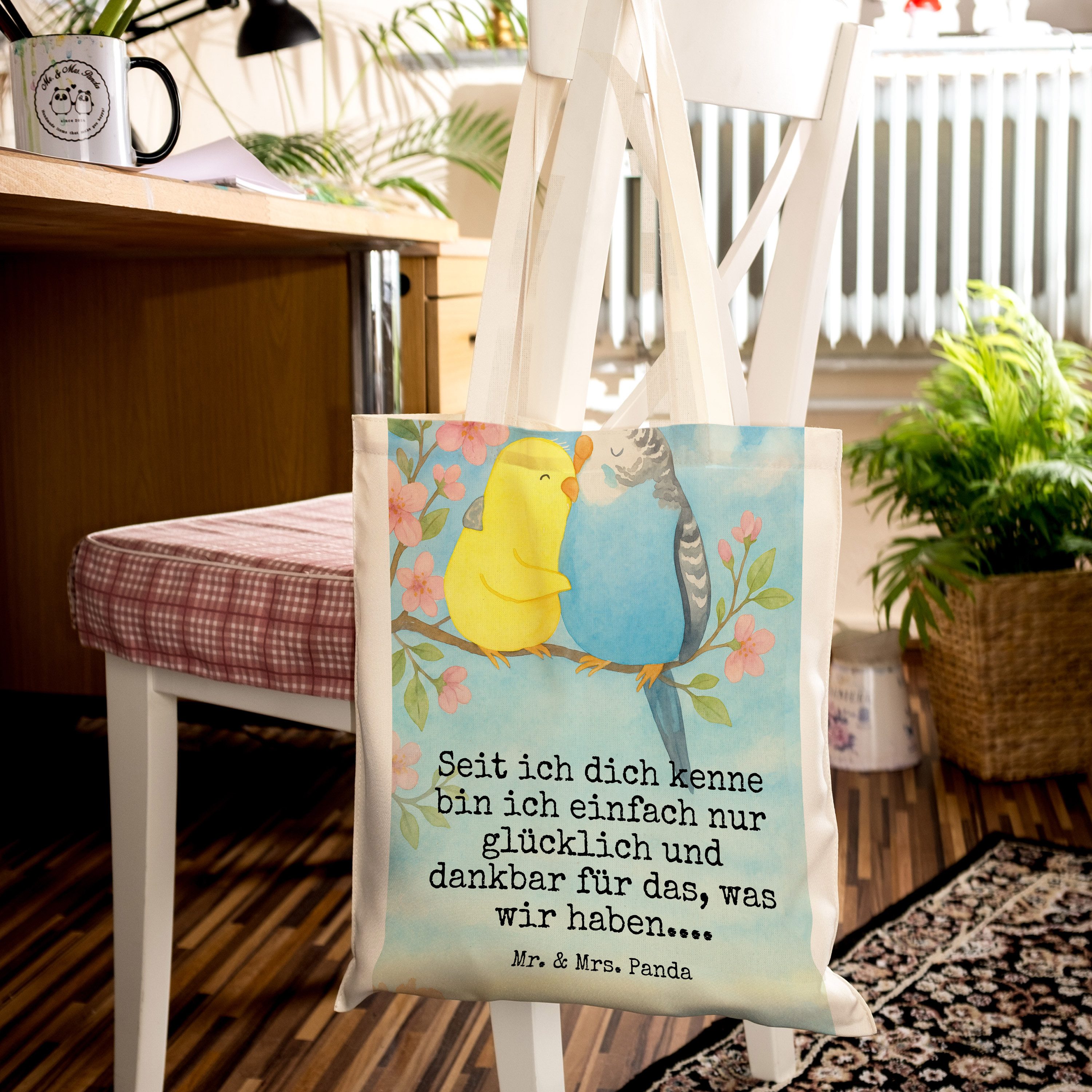 Mr. & Mrs. Panda Tragetasche Wellensittich Liebe Design, Tote Bag, Weiß, Laptoptasche, Verknallt, (Packung), henkeltasche baumwolle Verknallt einkaufsshopper