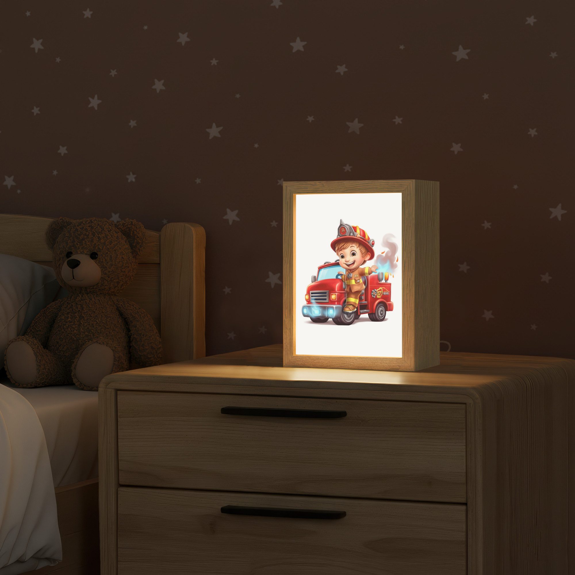 OnlyWow Nachttischlampe Lightbox Feuerwehrauto - Jungen - Kind - Rot, Dimmbar, Farbwechsel, LED, Warmweiß, Kaltweiß, Neutralweiß Einstellbar, Kinderzimmer, Babyzimmer, Dimmbar, mit Kabel, Nachtlampe, LED