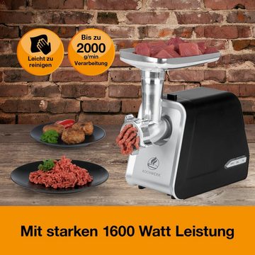 KOCHWERK Fleischwolf 4in1 silber/schwarz 2000g Fleisch/Min., 1600 W, leicht zu reinigen & viel Zubehör