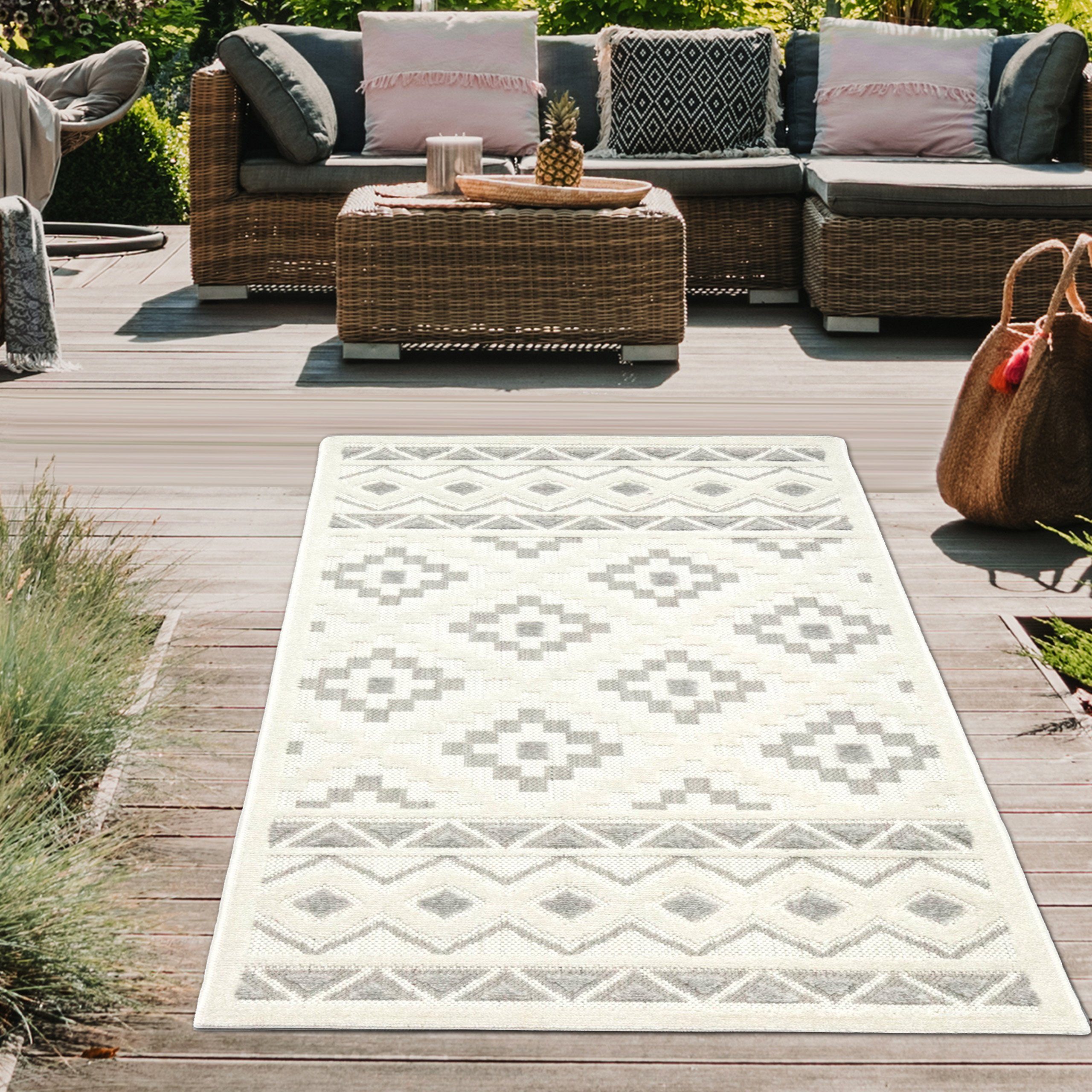 Outdoorteppich Sisal In- & Outdoor Teppich orientalisches 3d Muster  Quadrate & Dreiecke creme, Teppich-Traum, rechteckig, Höhe: 10 mm | Kurzflor-Teppiche